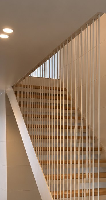 Fine white steel rods drawn floor to ceiling as a balustrade beside a floating oak staircase, Cass Bay, Christchurch
