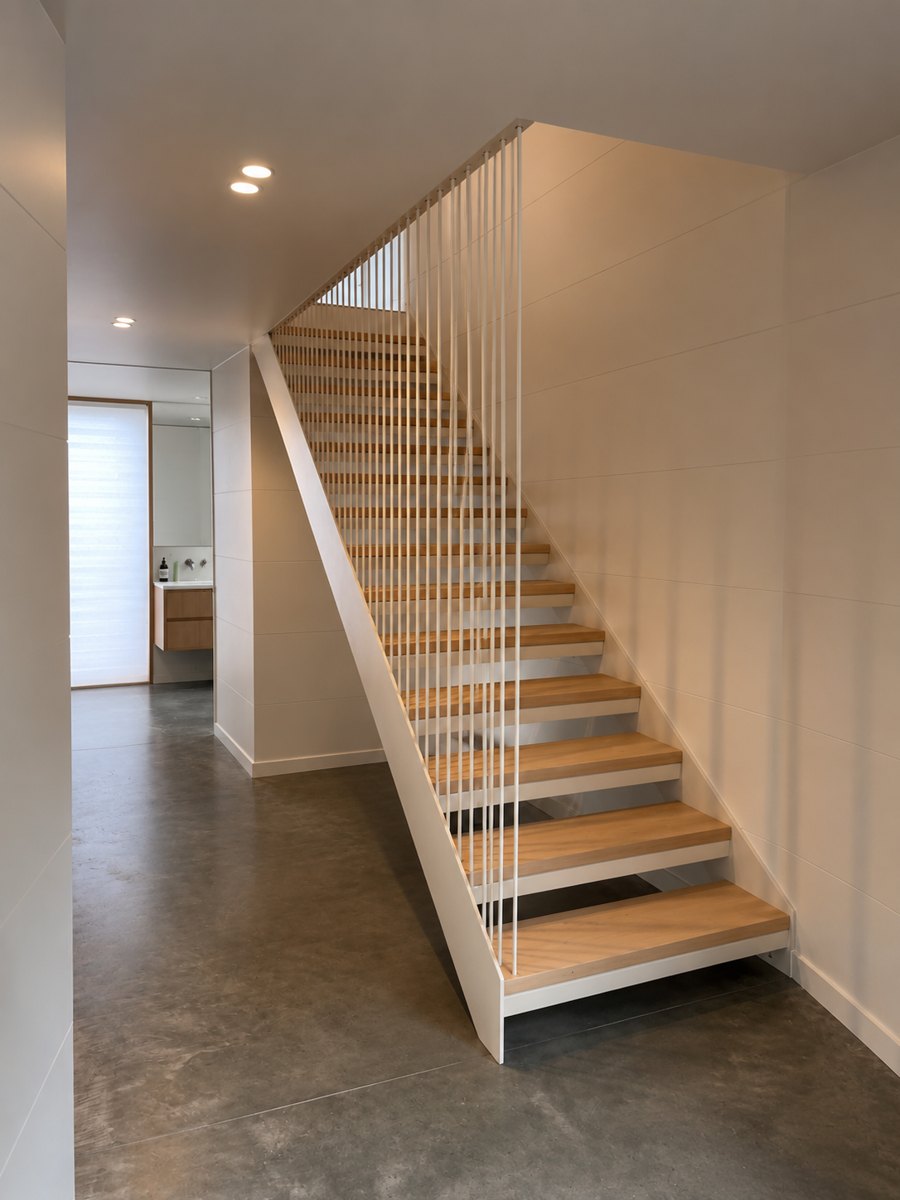 Floating oak-tread staircase with a fine white steel-rod balustrade, a recent ARC project in Cass Bay, Christchurch