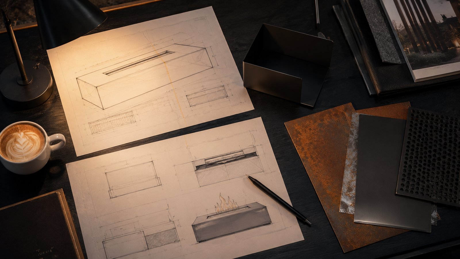 Design drawings and material samples on the studio desk