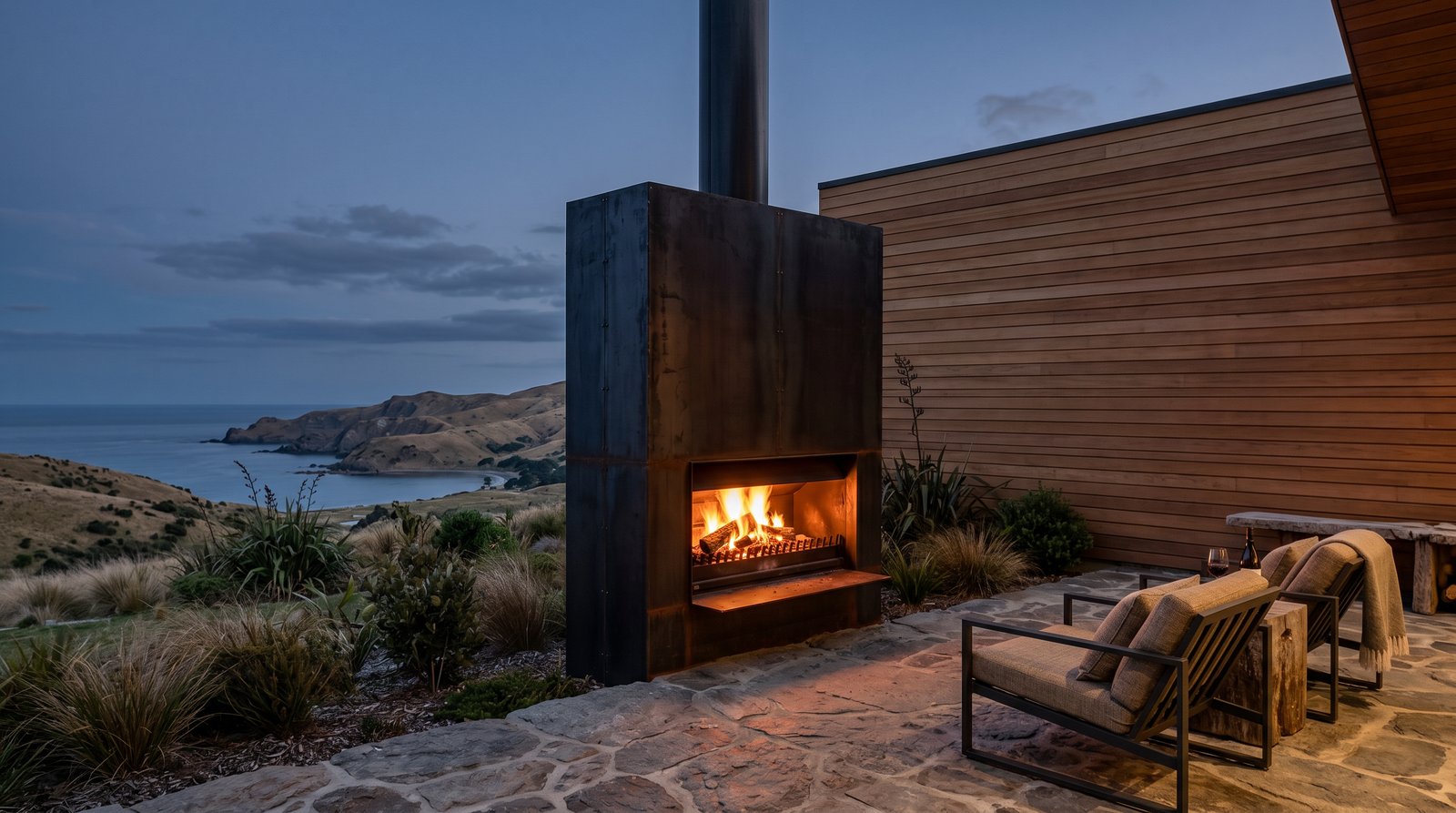 Corten steel firebox set into a built-in outdoor fireplace surround with wood store