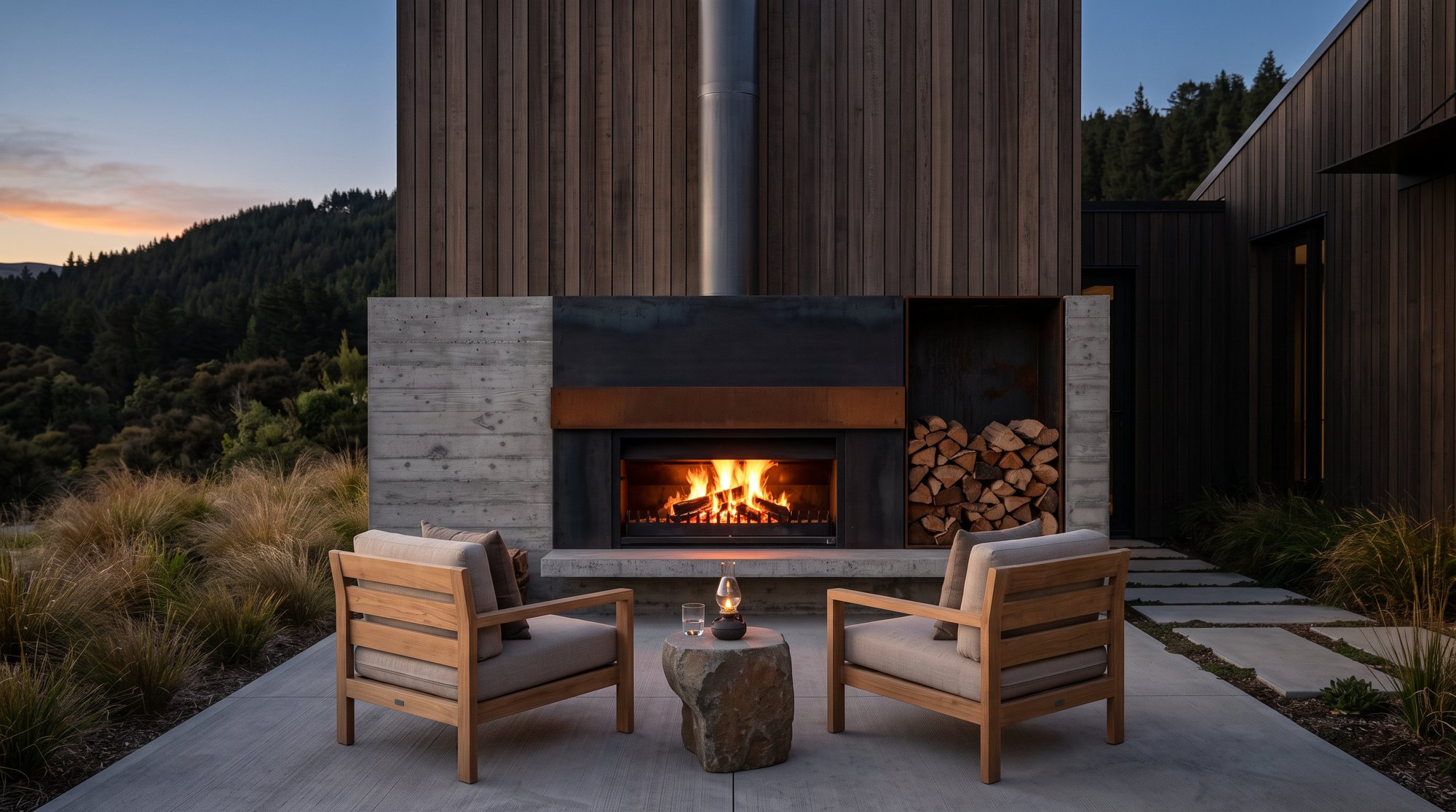 Steel outdoor fireplace set into board-formed concrete with a corten lintel and log store