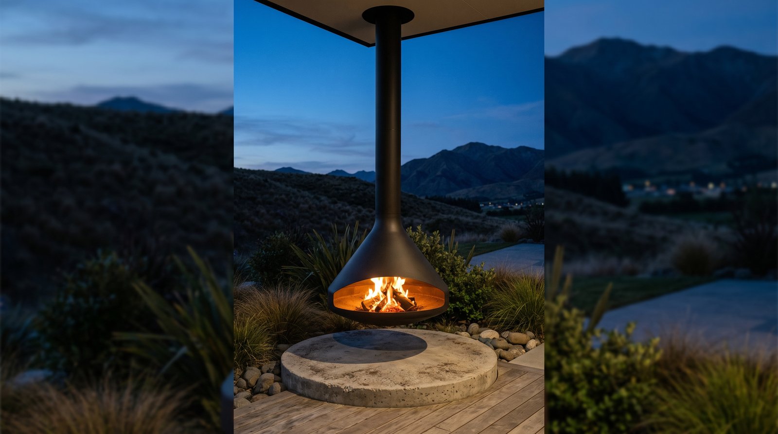 Suspended floating outdoor fireplace over a concrete pad