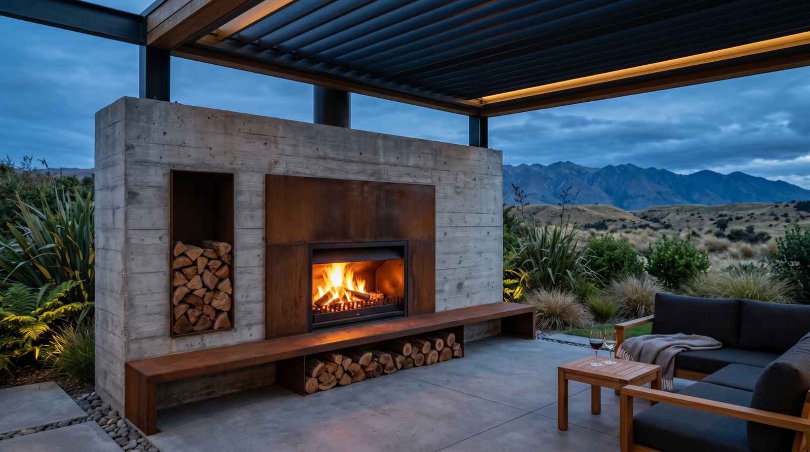 Freestanding corten steel outdoor fireplace against a timber wall