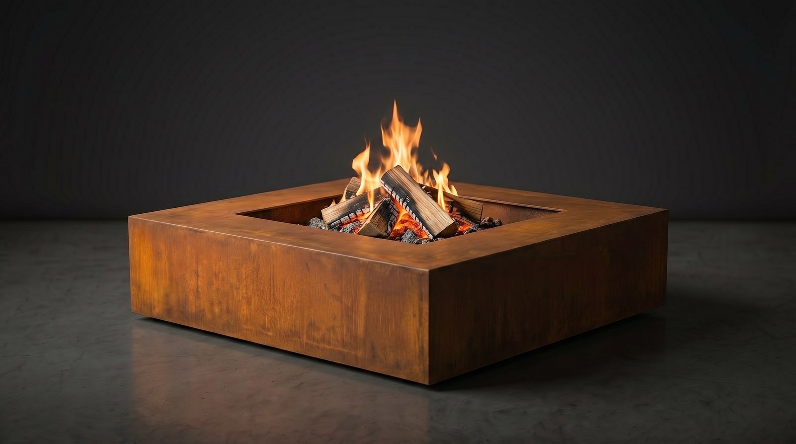 Forge corten steel square wood-burning fire table