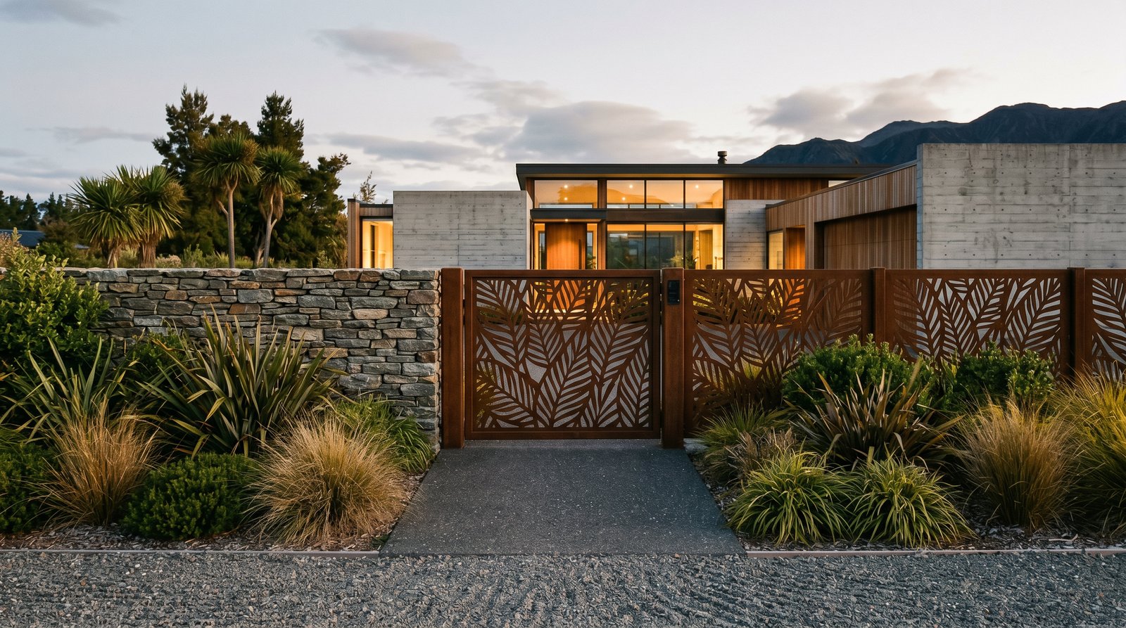 Corten steel laser-cut botanical entry gate set into matching fencing and a schist wall