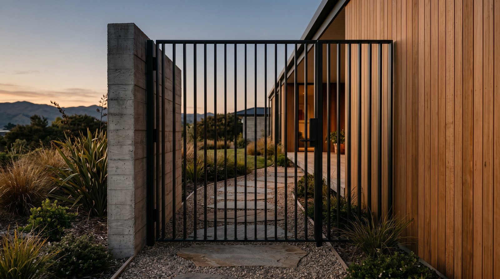 Black steel pedestrian entry gate with a fine vertical-bar infill