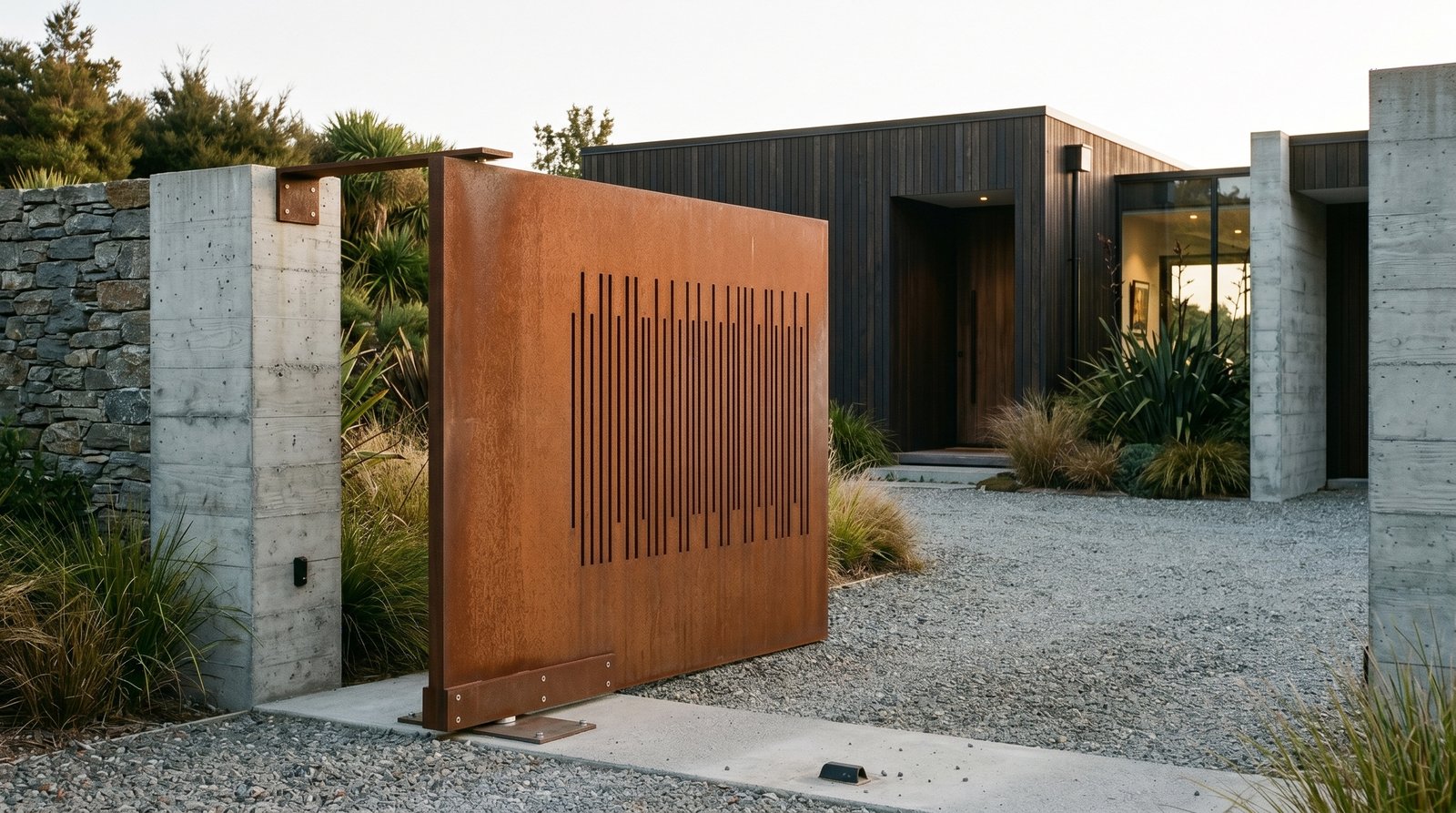 Corten steel pivot entry gate with a fine vertical-slot cut