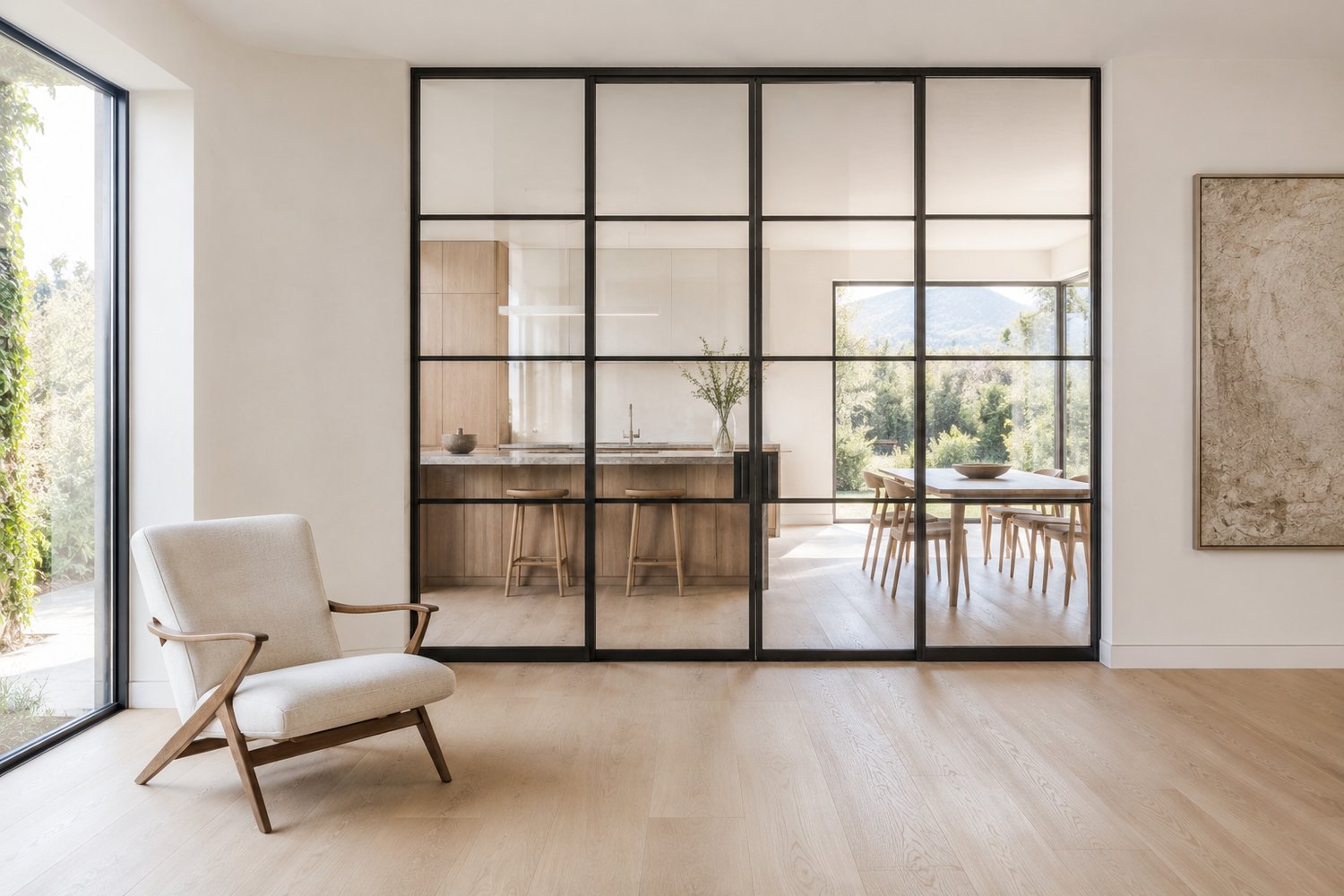 Black steel Crittall-style glazed partition dividing a living area from a kitchen and dining room