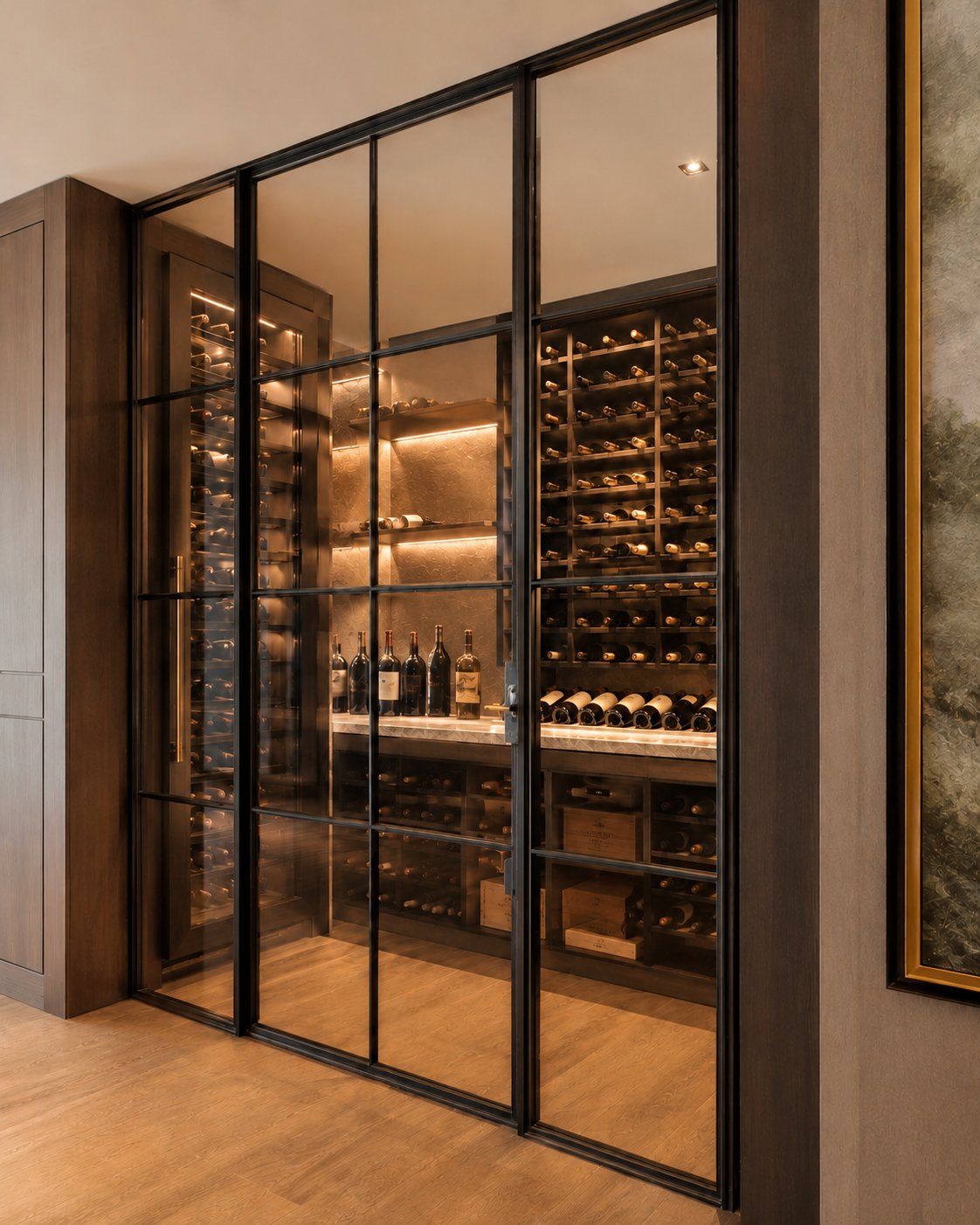 Steel-and-glass Crittall doors fronting a softly lit wine cellar