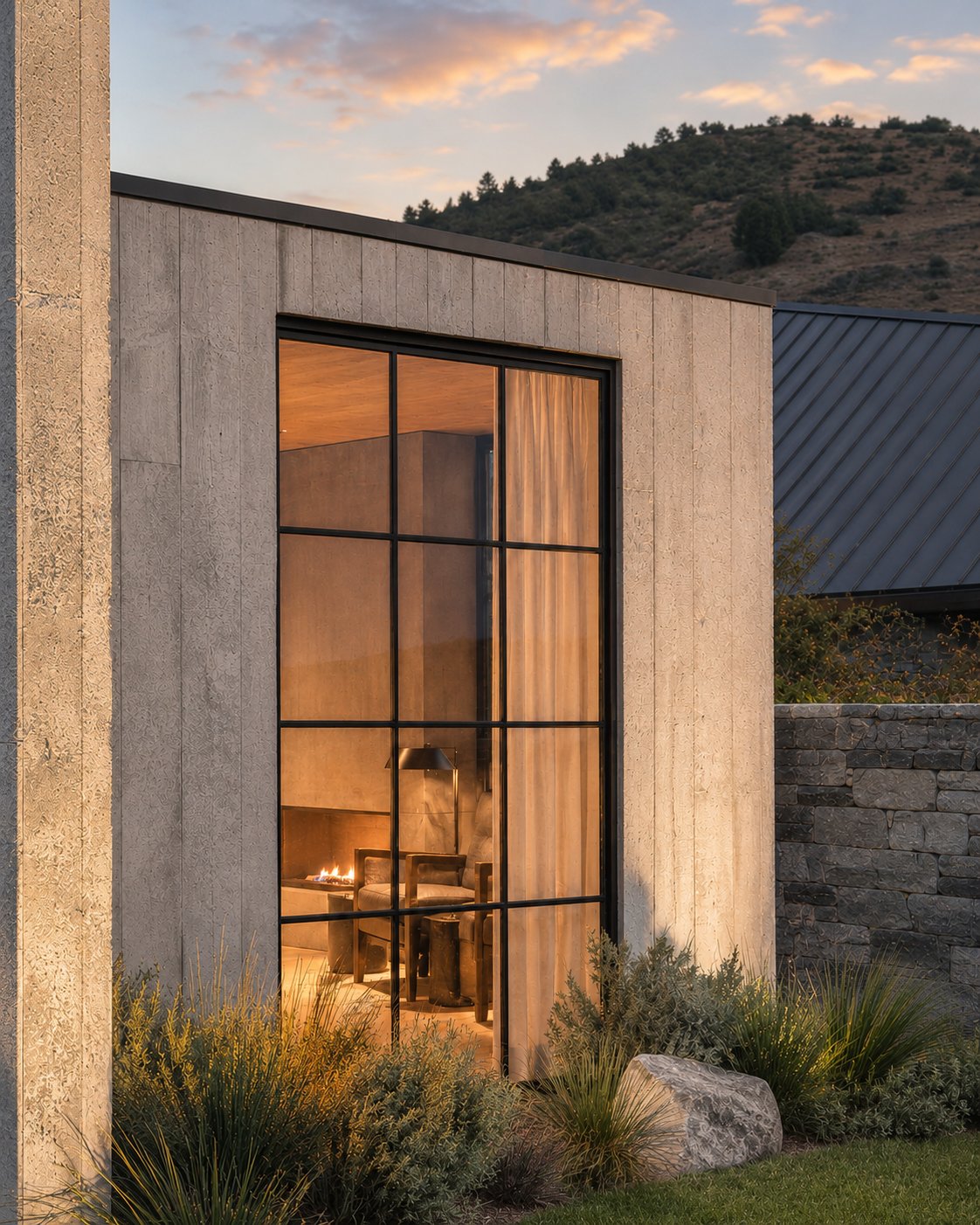 Tall steel-framed Crittall window set in a board-formed concrete wall, warm interior glow at dusk