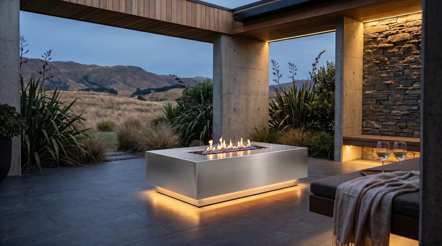 Halo fire table in a covered outdoor room