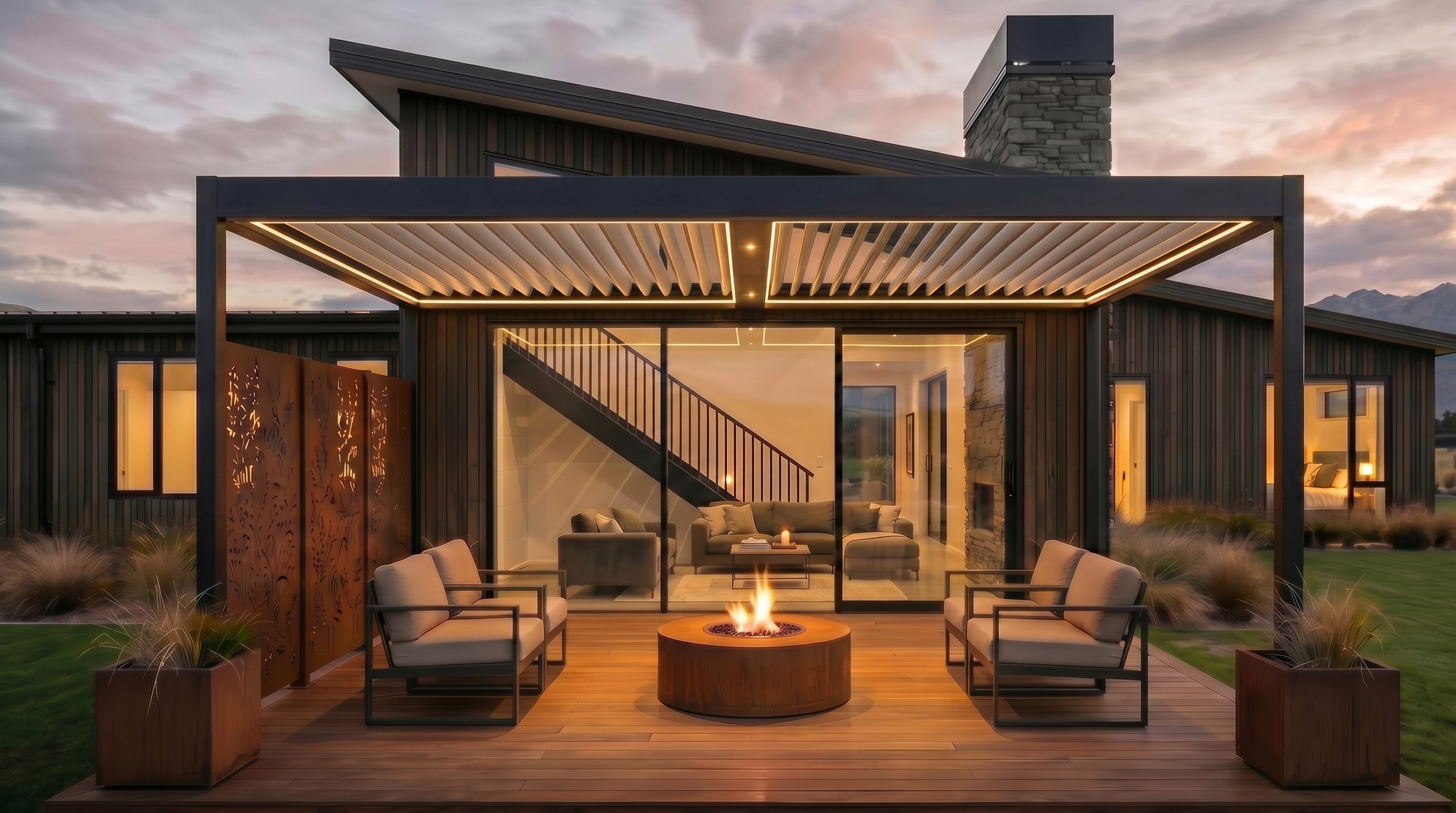 Bespoke corten steel fire table, laser-cut screen and louvred steel pergola on the deck of a modern South Island home at dusk, by ARC Design Studio