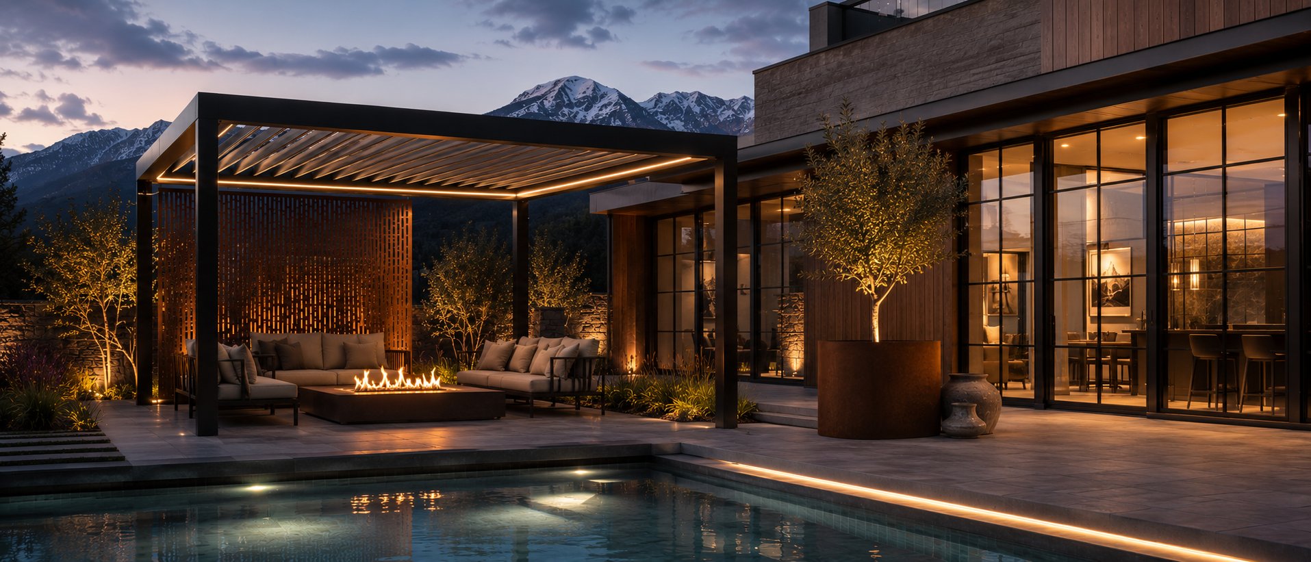 Custom steel fire table beside a New Zealand home at dusk