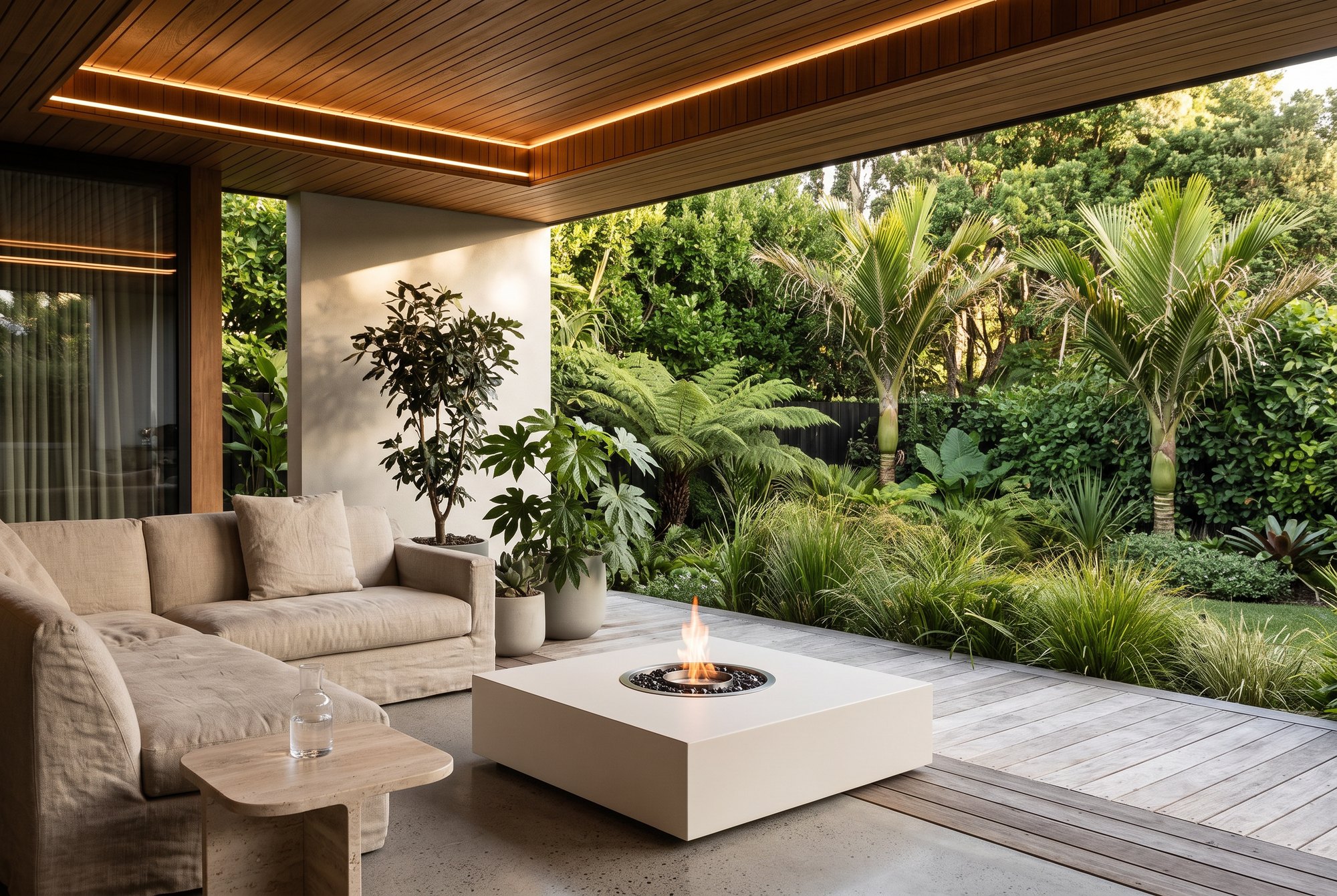 Lume white square steel fire table on a covered terrace beside a lush garden