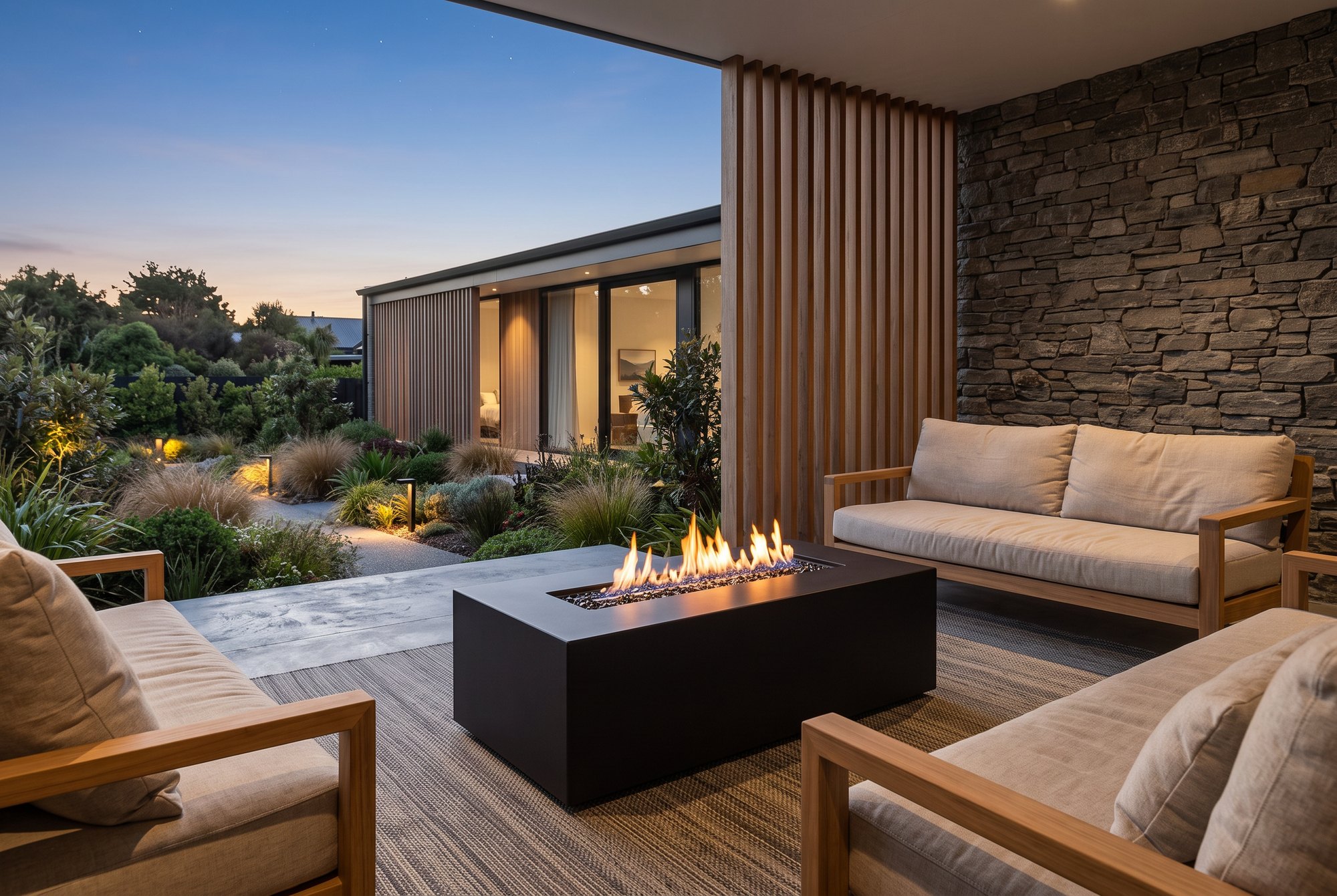 Mono matte black steel fire table on a stone-walled terrace between linen sofas at dusk