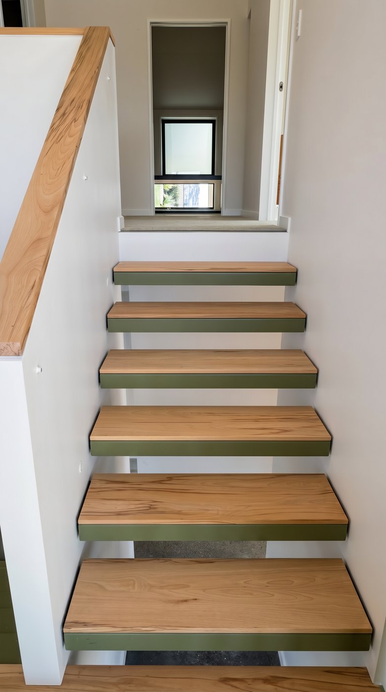 Floating oak treads with olive-green steel risers, Mt Pleasant, Christchurch