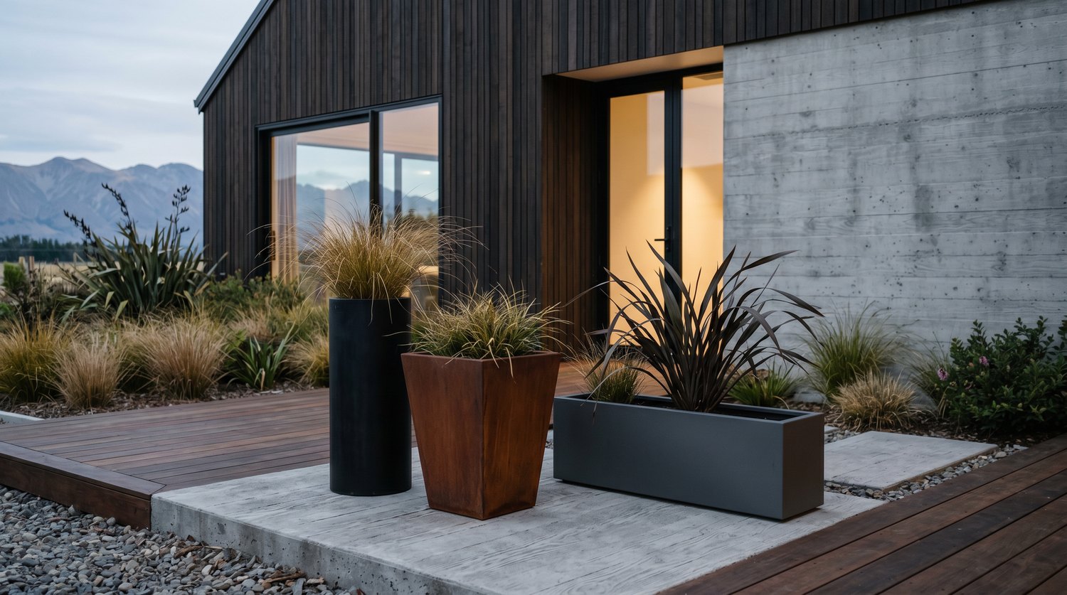Corten and blackened steel planter pots with grasses on a terrace