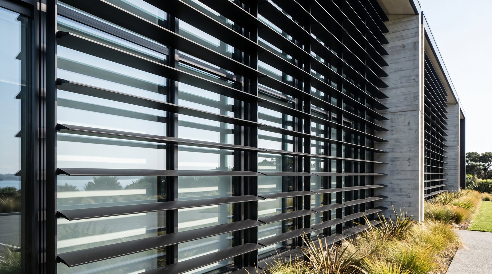Black steel brise-soleil sun-shading blades across a glazed facade