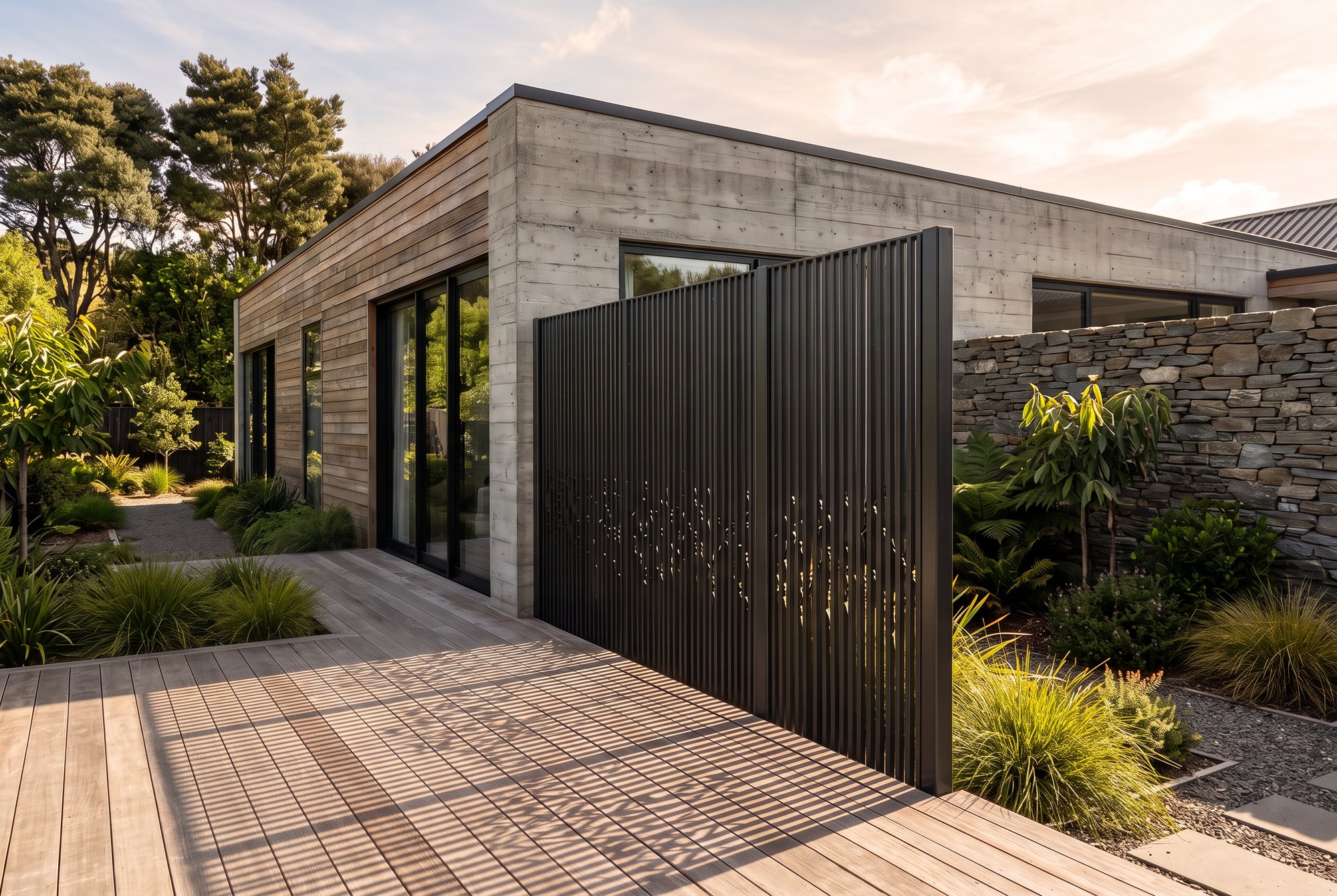 Black steel privacy screen of fine vertical blades with a laser-cut motif screening a terrace