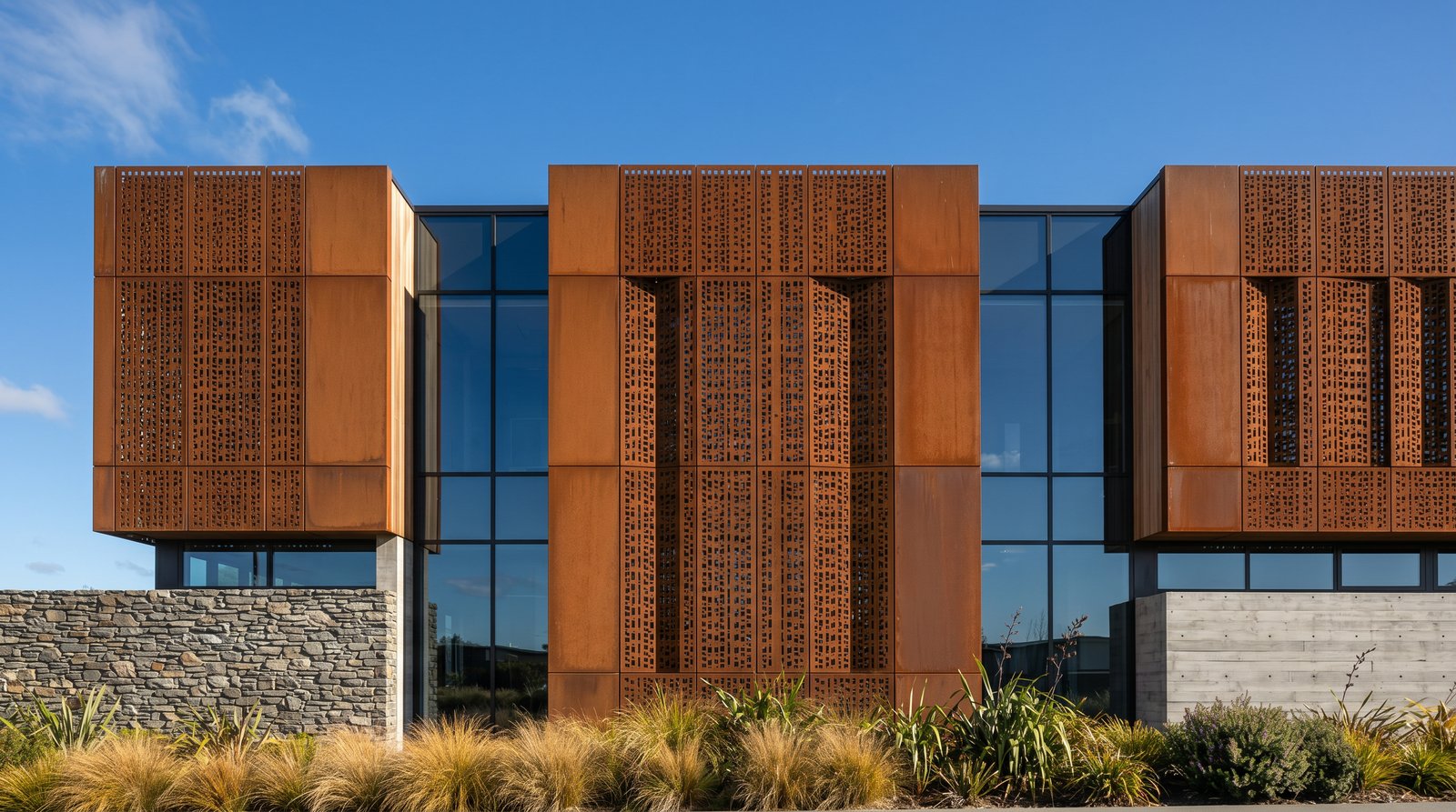 Corten steel perforated facade panels on a commercial building
