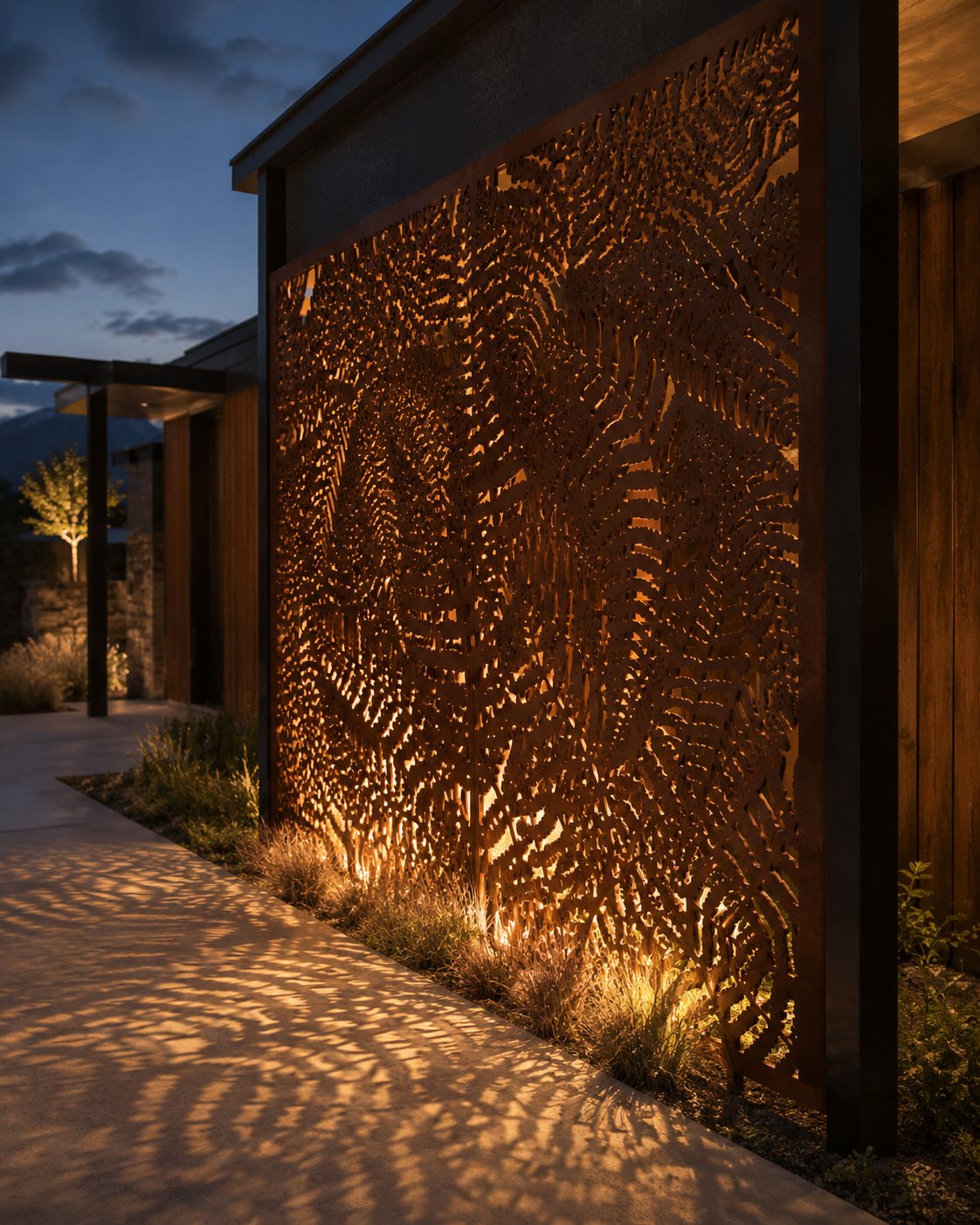 Laser-cut fern screen in corten steel