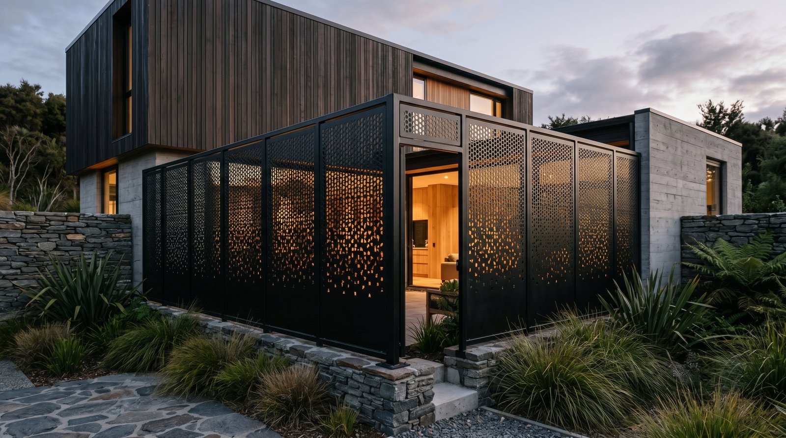 Black perforated steel screen with a graduated pattern wrapping a courtyard entry