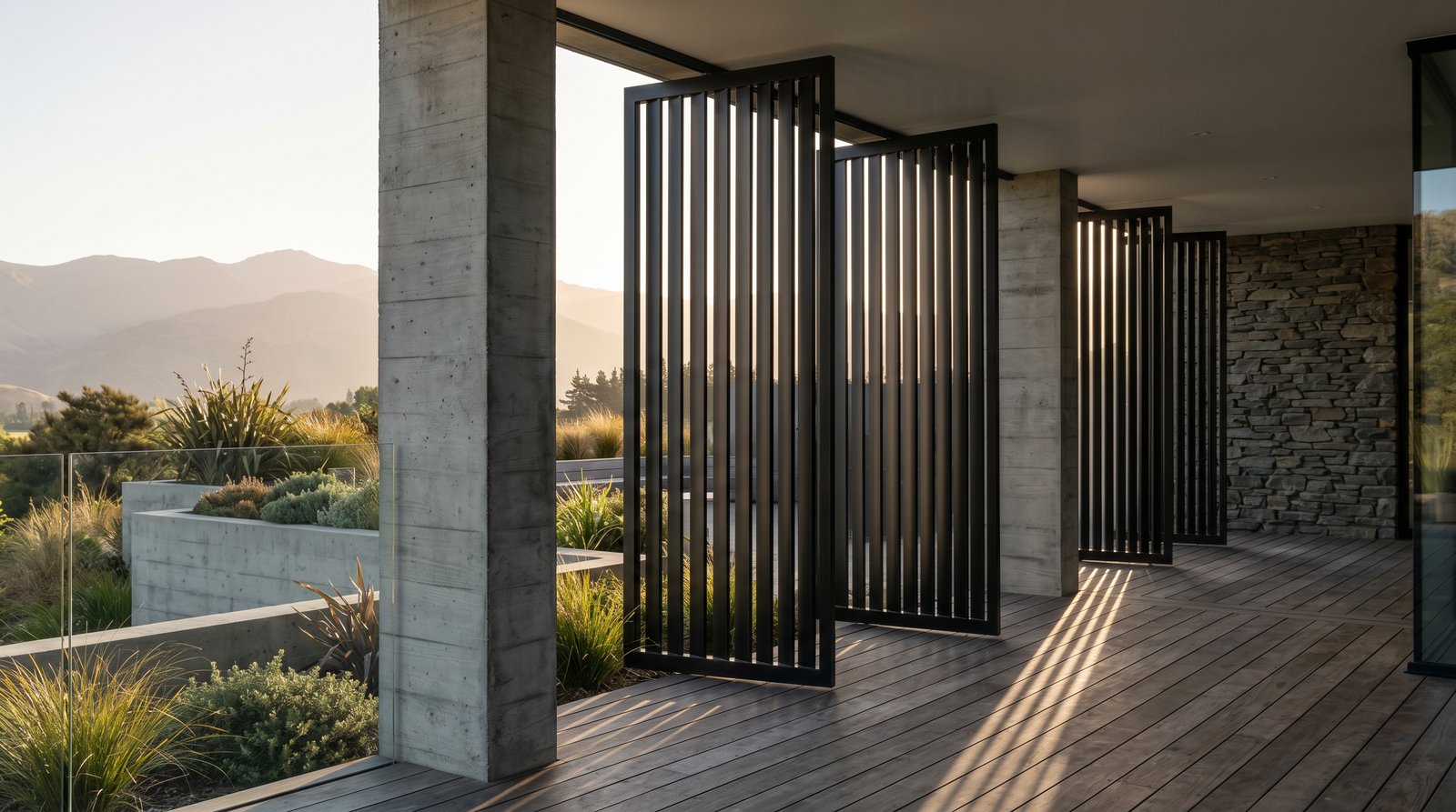 Pivoting vertical-slat steel privacy screens