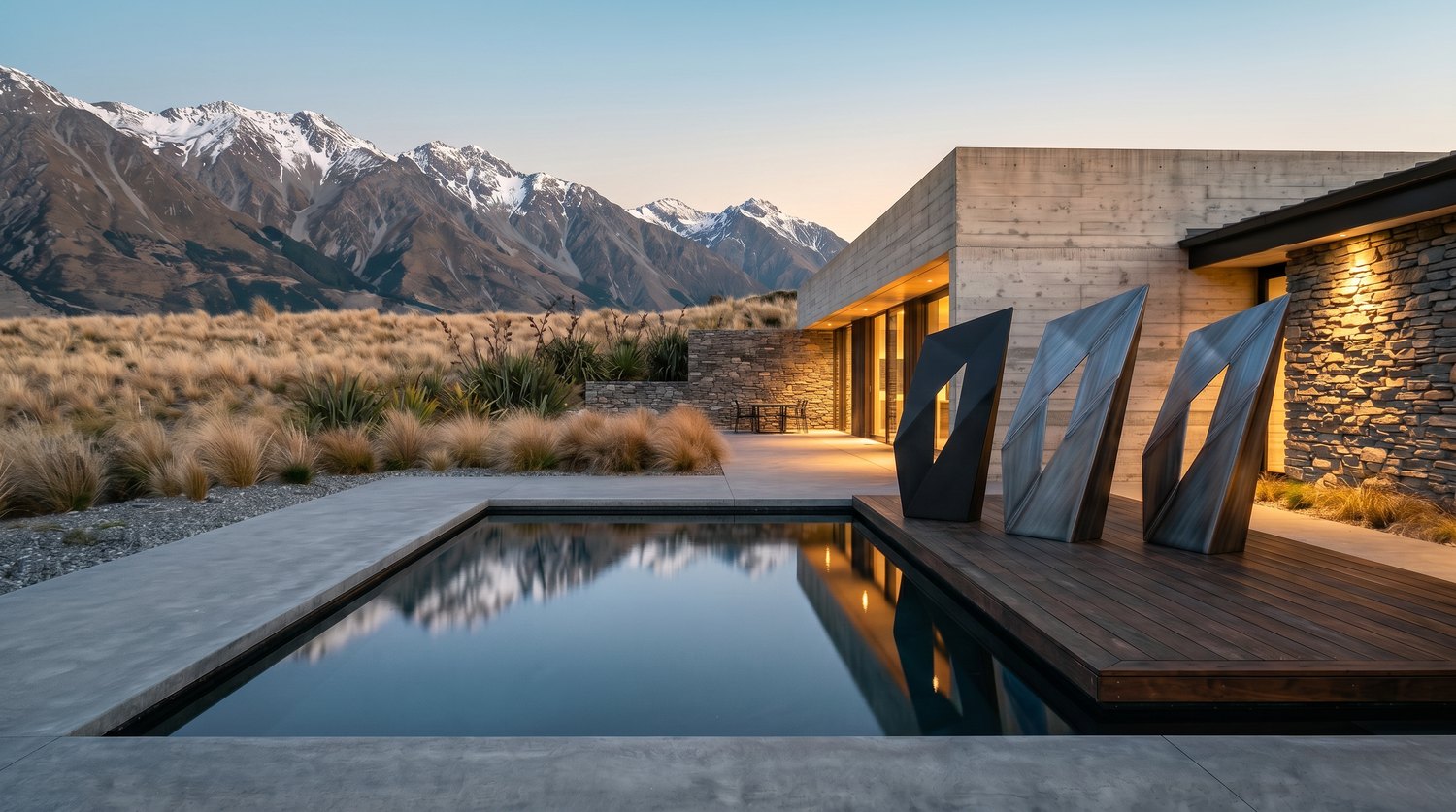 One-off sculptural steel forms beside a pool at dusk