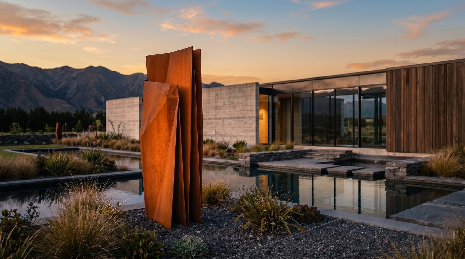Sculptural corten steel by a reflecting pool