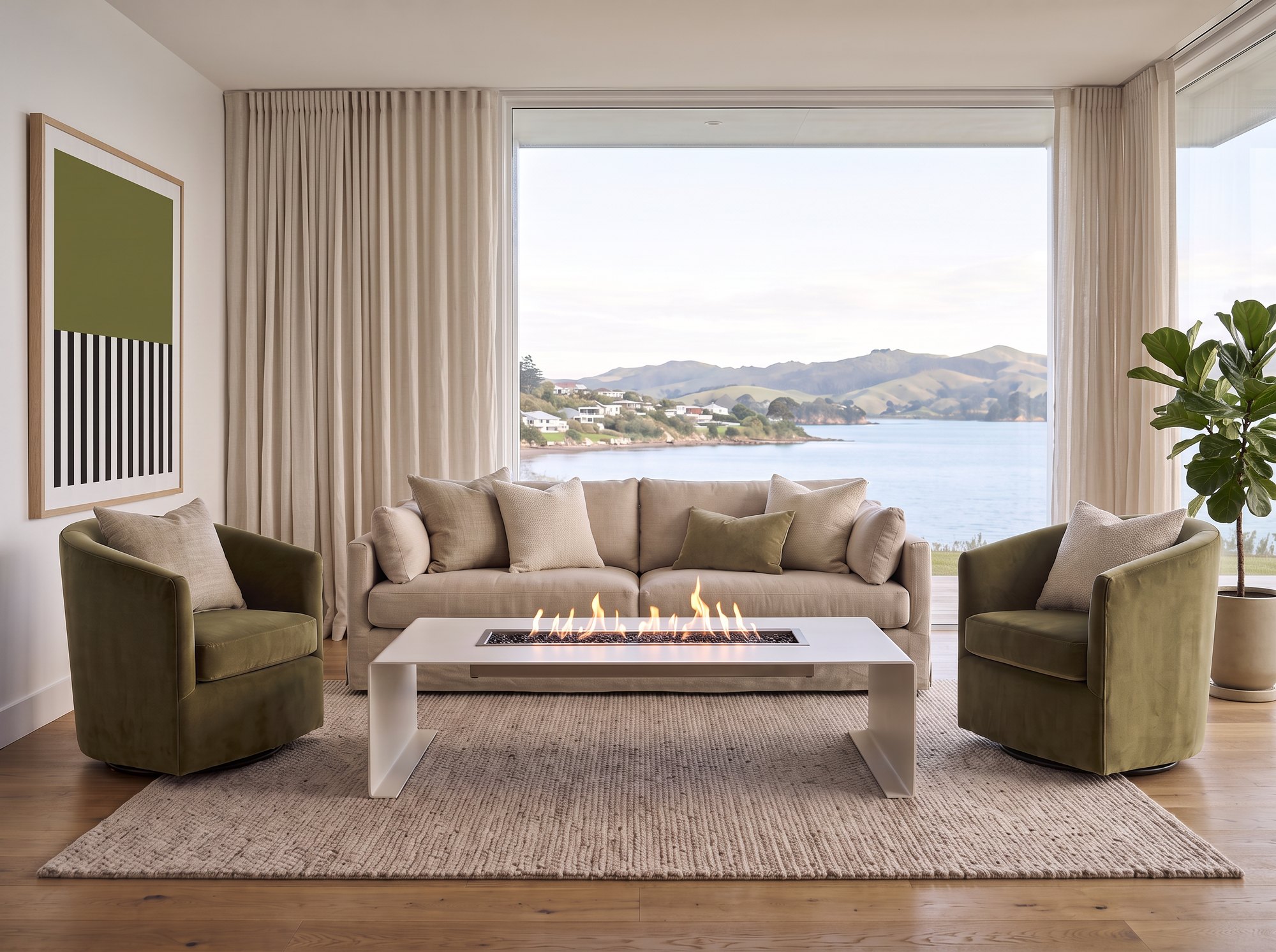 Sol white powder-coated steel fire table in a coastal living room with olive velvet chairs