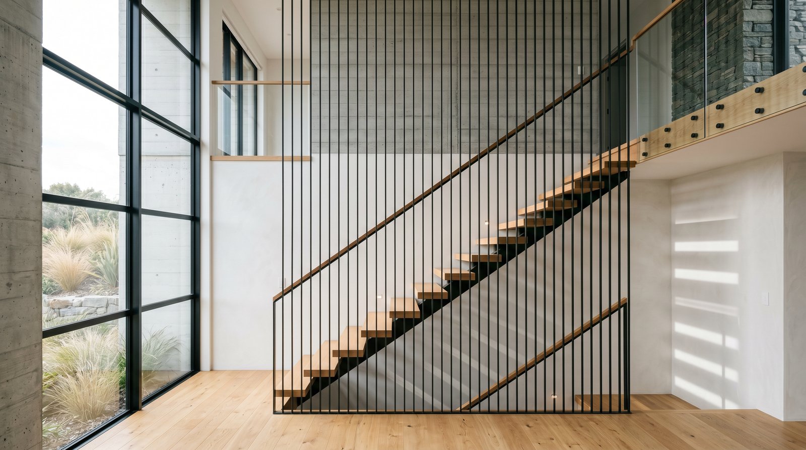 Floating timber treads beside a full-height fine steel-rod balustrade screen in a double-height space