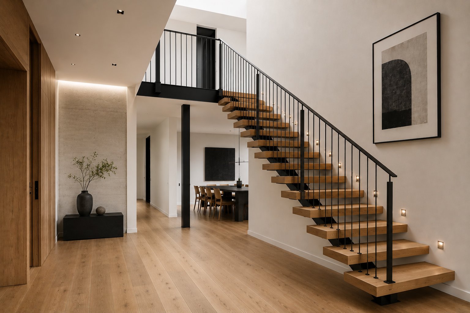 Timber treads cantilevered off a single central steel box-section spine with an intermittent support post and rod balustrade