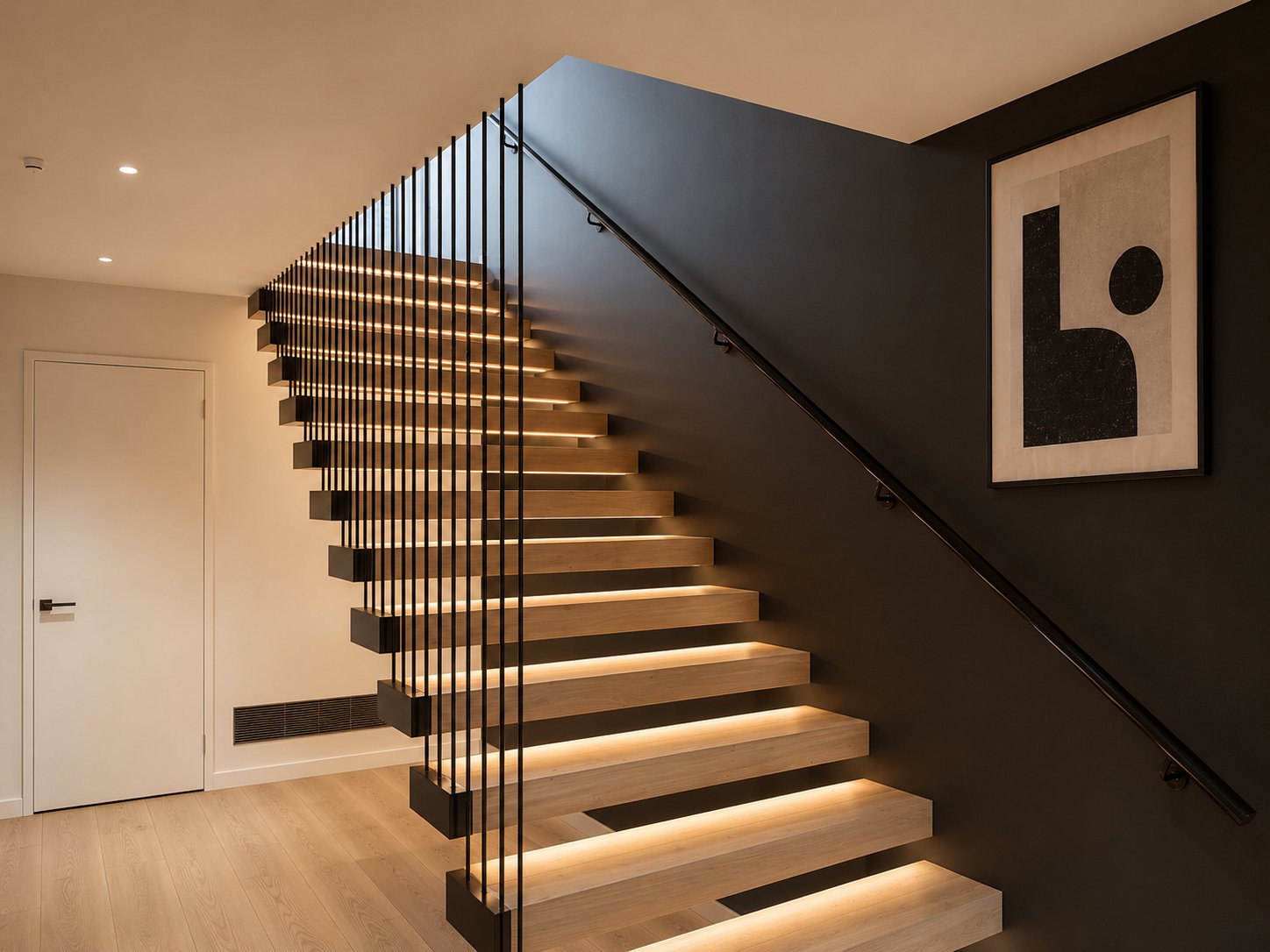 Floating timber treads on a steel structure with under-tread lighting and a fine steel-rod balustrade