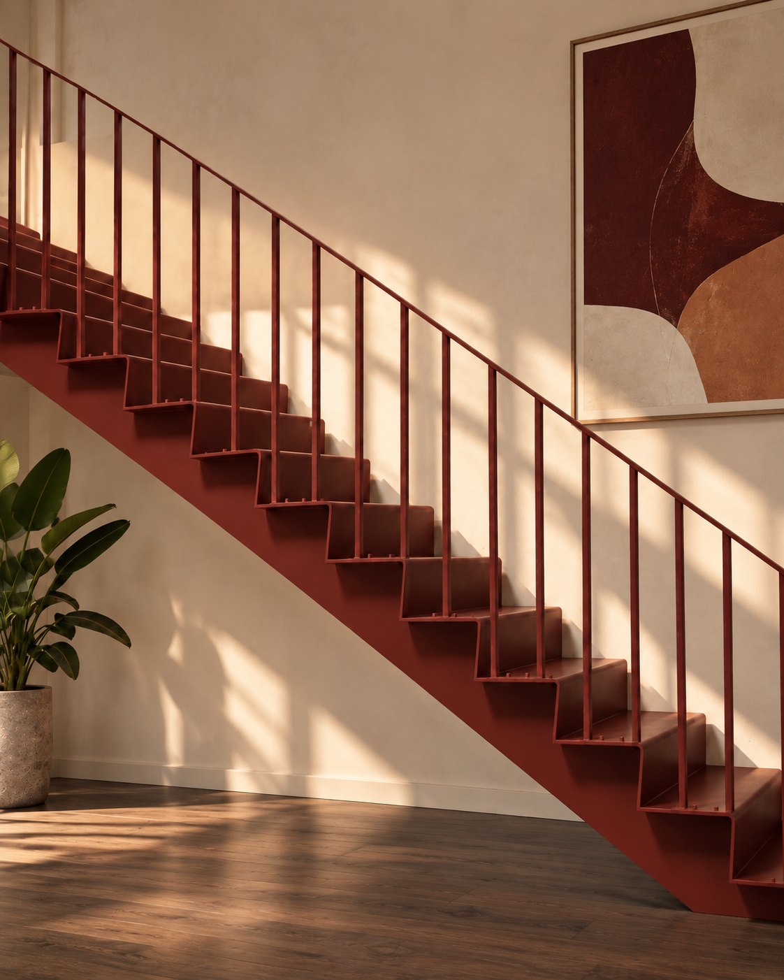 Oxblood red folded steel plate staircase with a fine rod balustrade