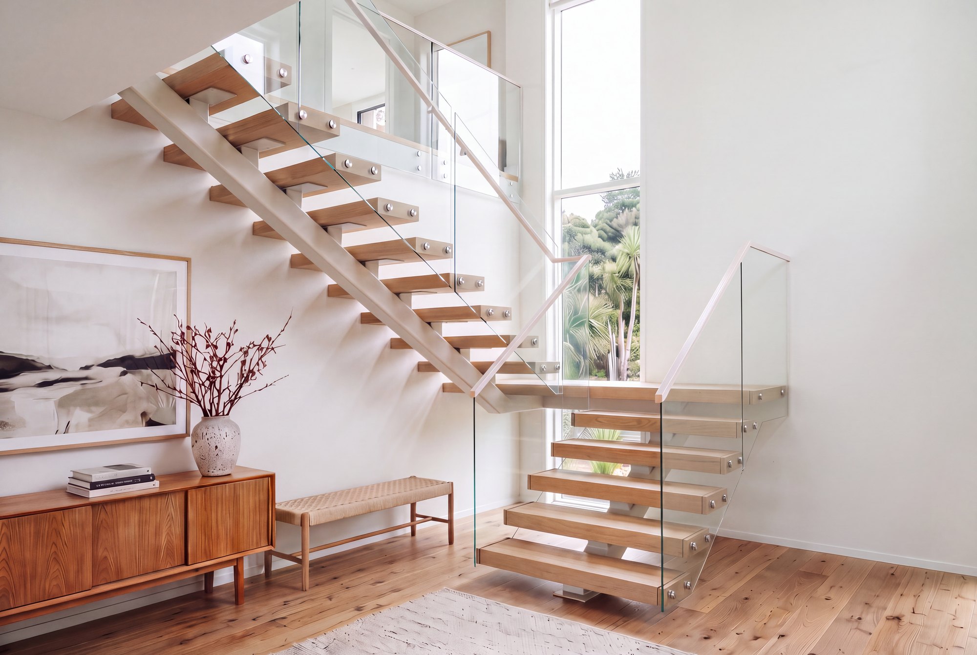 Oak treads on a slim steel spine with a frameless glass balustrade