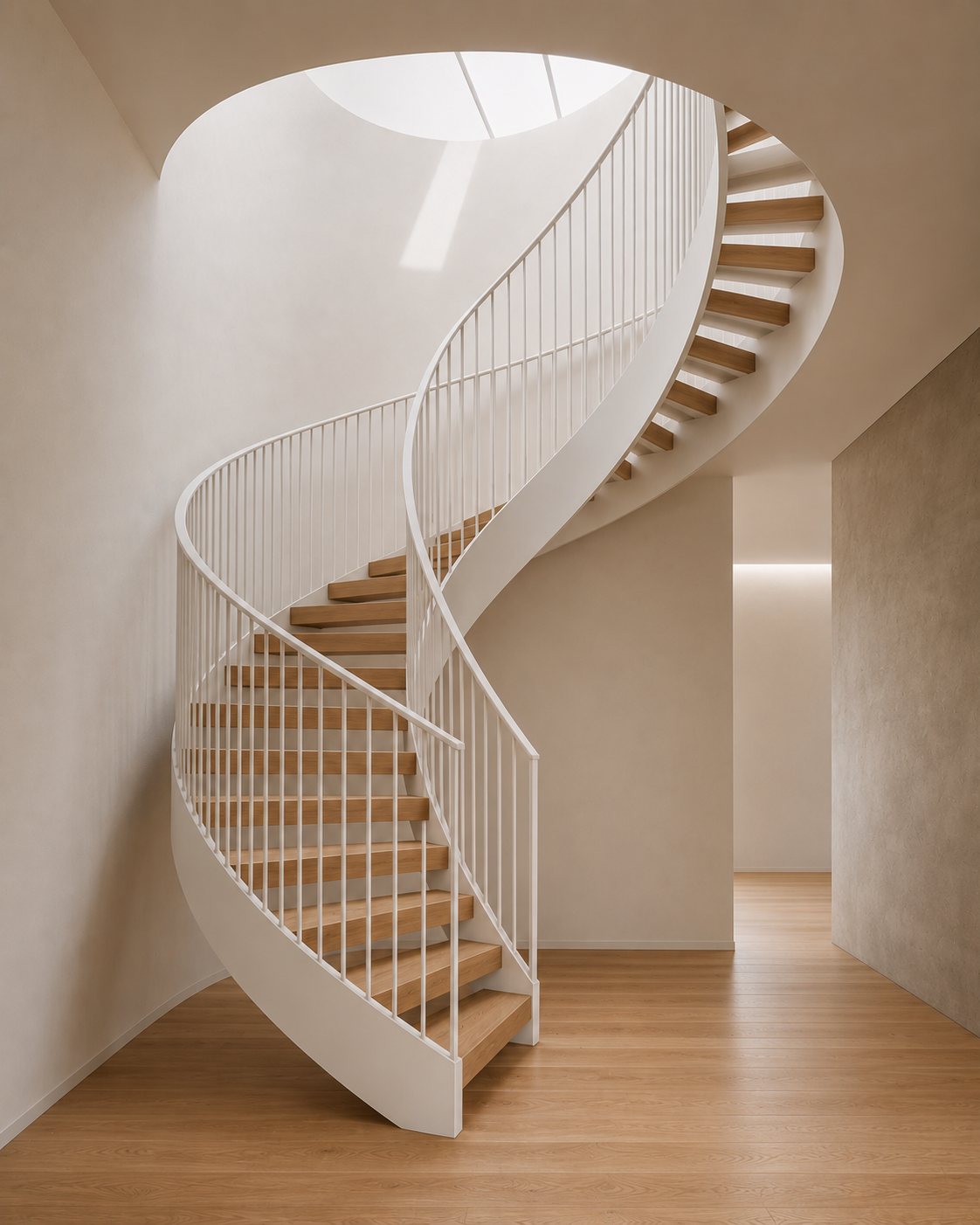 Sculptural helical steel staircase curving through a double-height void