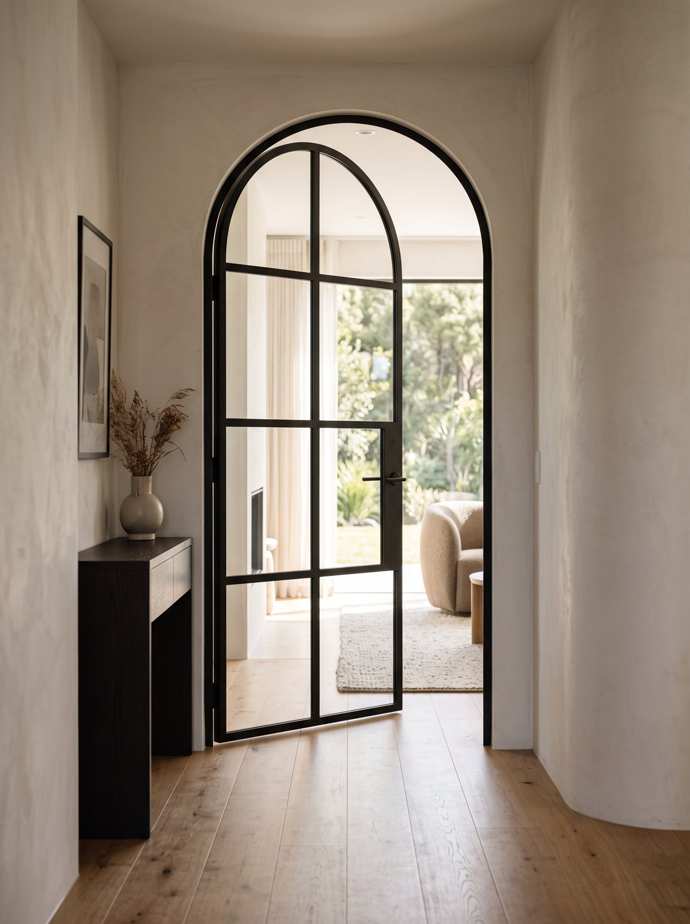 Black steel Crittall-style arched internal door in a plaster hallway