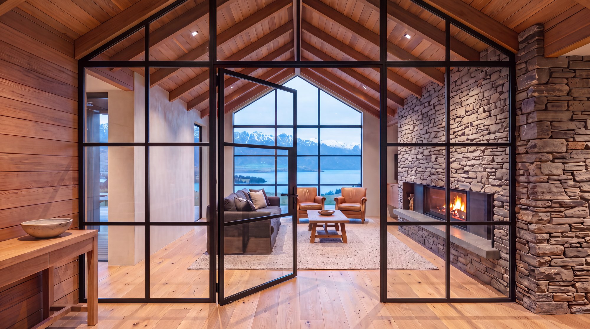 Full-height black steel glazed gable partition with a pivot door, between a cedar-lined entry and a lounge with a schist fireplace and lake view