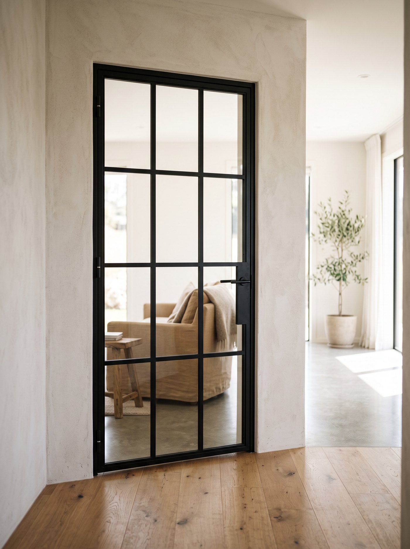 Single black steel Crittall-style internal door with a fine grid of clear glass, ajar to a living room