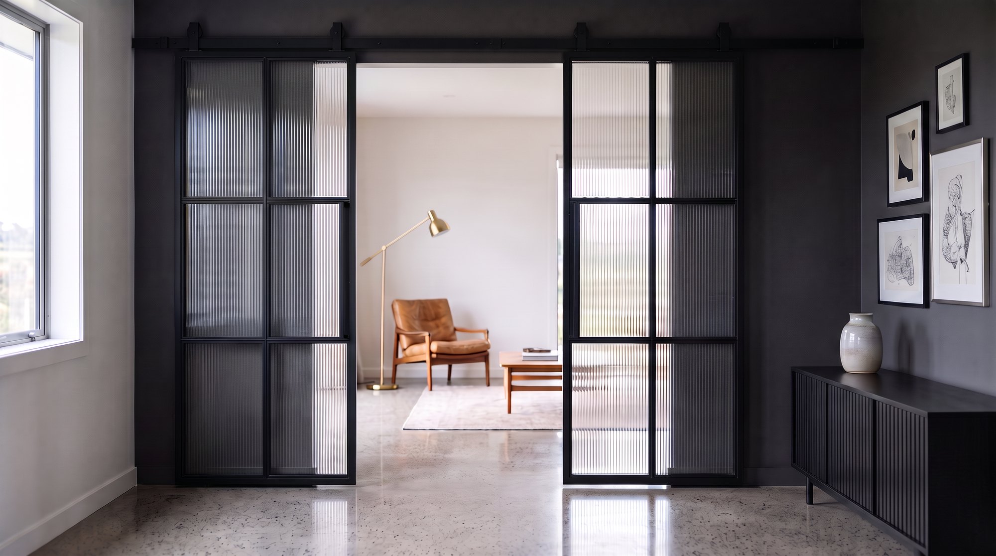 Black steel-framed fluted-glass sliding doors on an exposed top track, opening between a dark hallway and a living room
