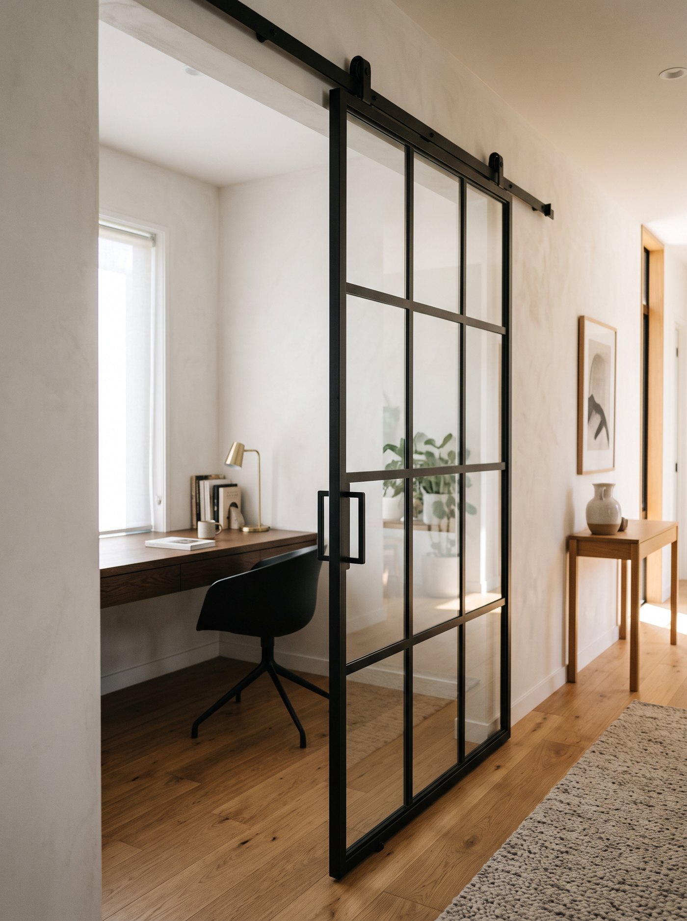 Black steel Crittall-style sliding barn door on a slim steel track over a study nook
