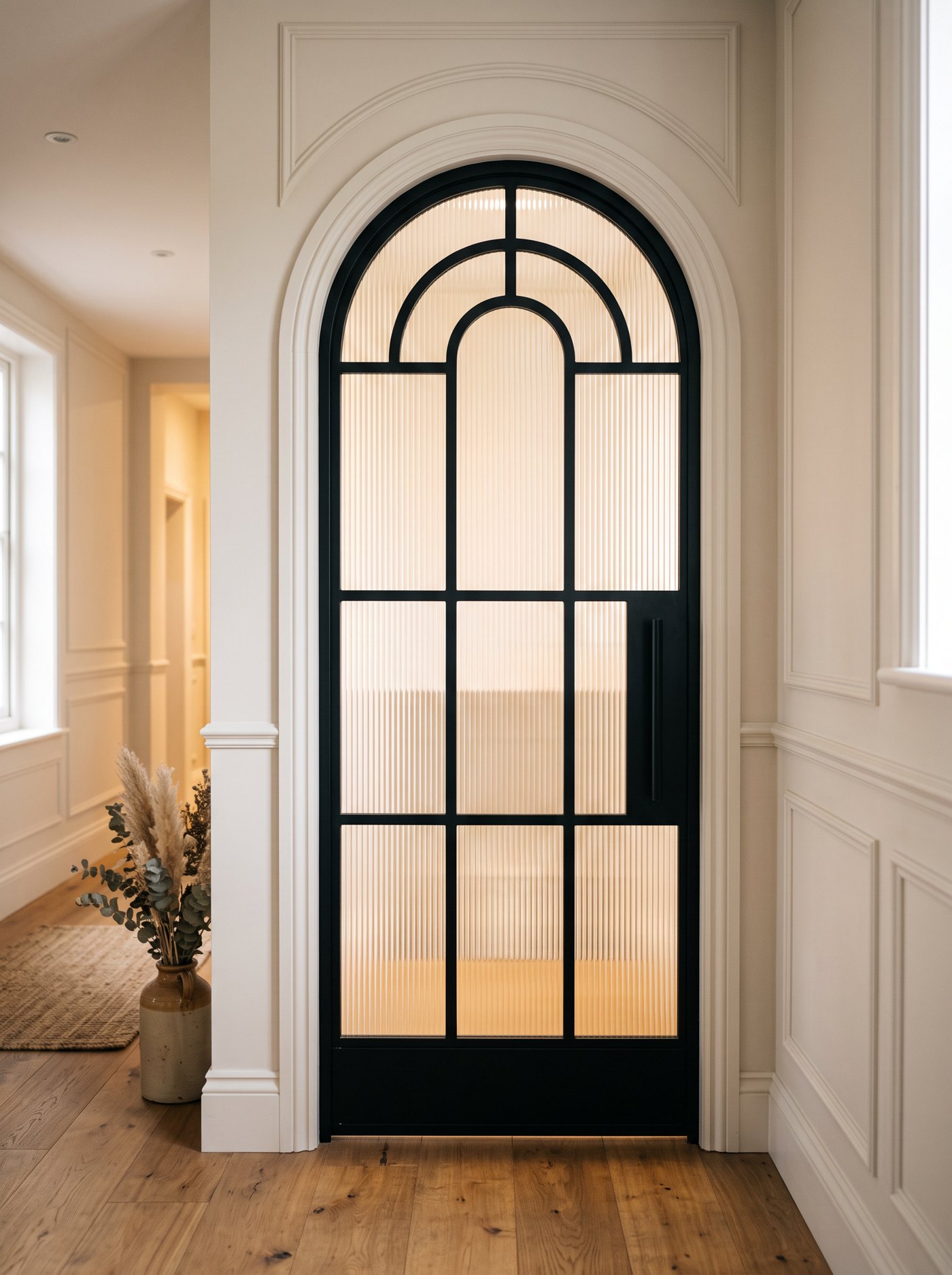 Black arched steel door with a concentric arch head and reeded fluted glass