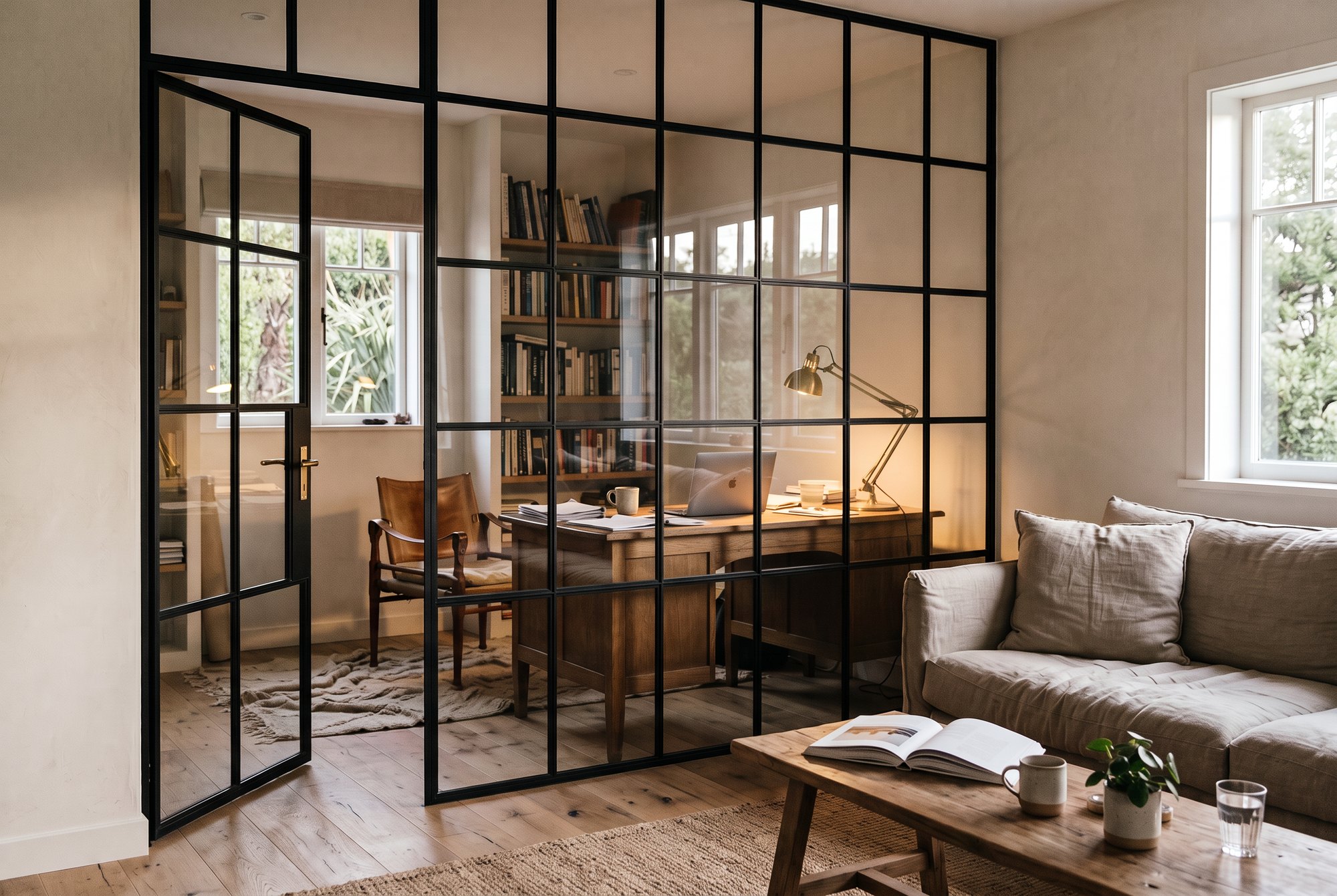 Full-height black steel Crittall-style glazed partition and door between a living room and study