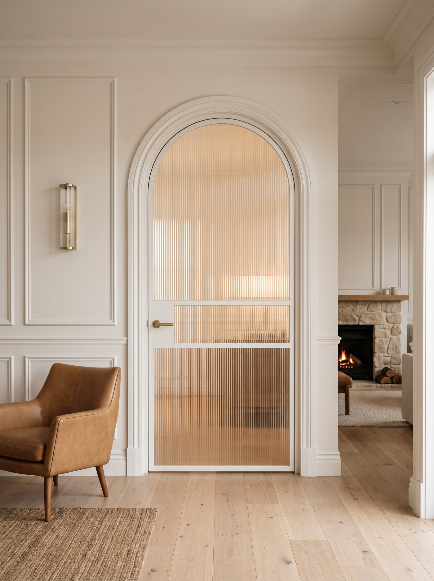 White powder-coated arched steel door with fluted glass set into panelled walls