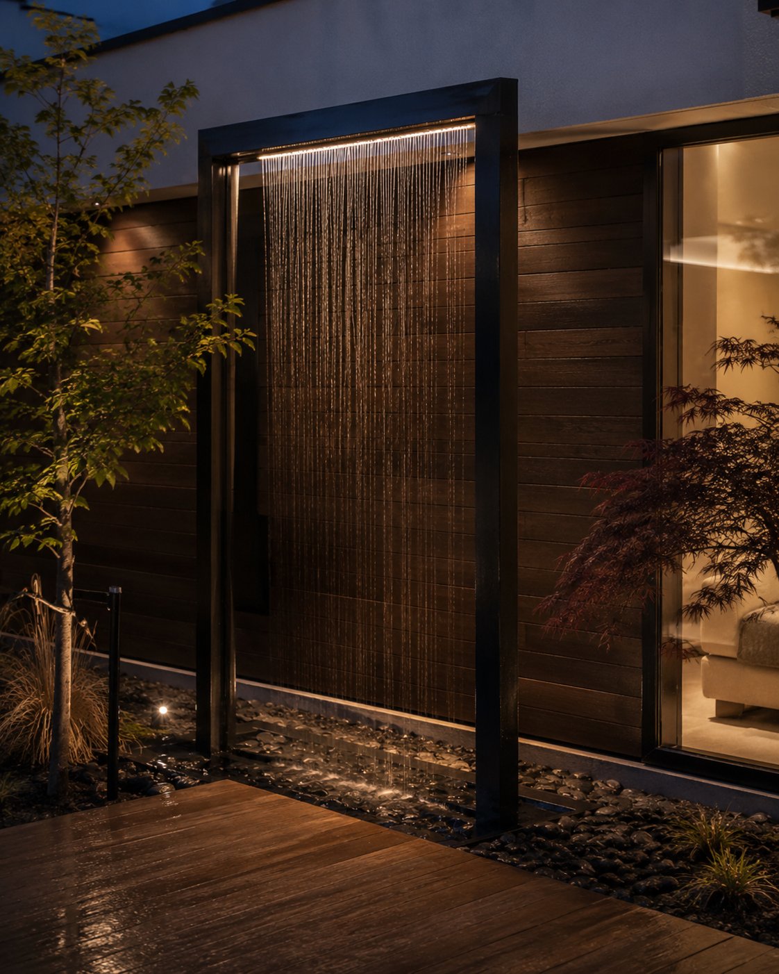 Steel water feature and rain curtain