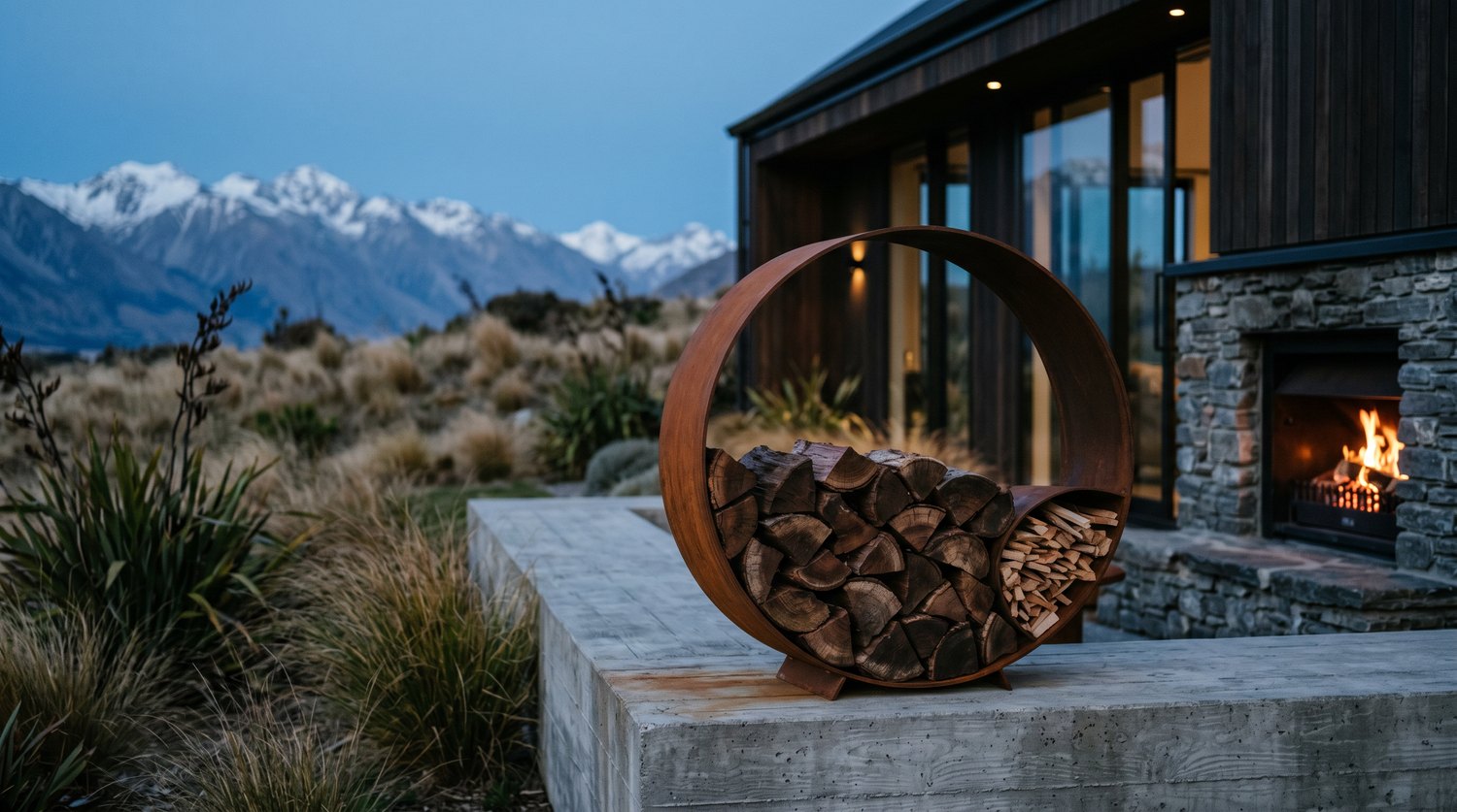 Circular corten steel firewood store beside an outdoor fireplace