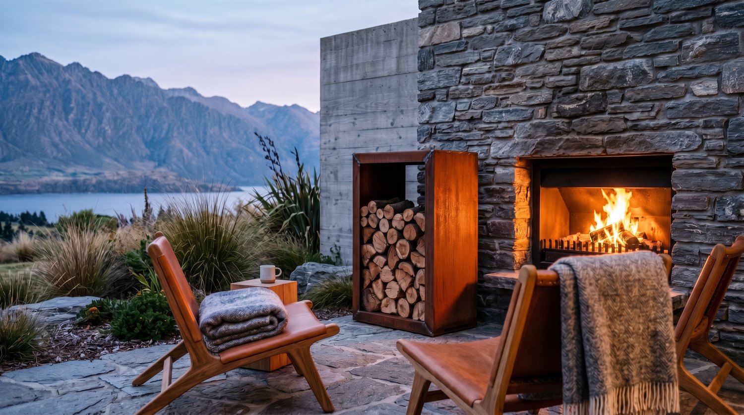 Rectangular corten steel firewood store on a stone terrace